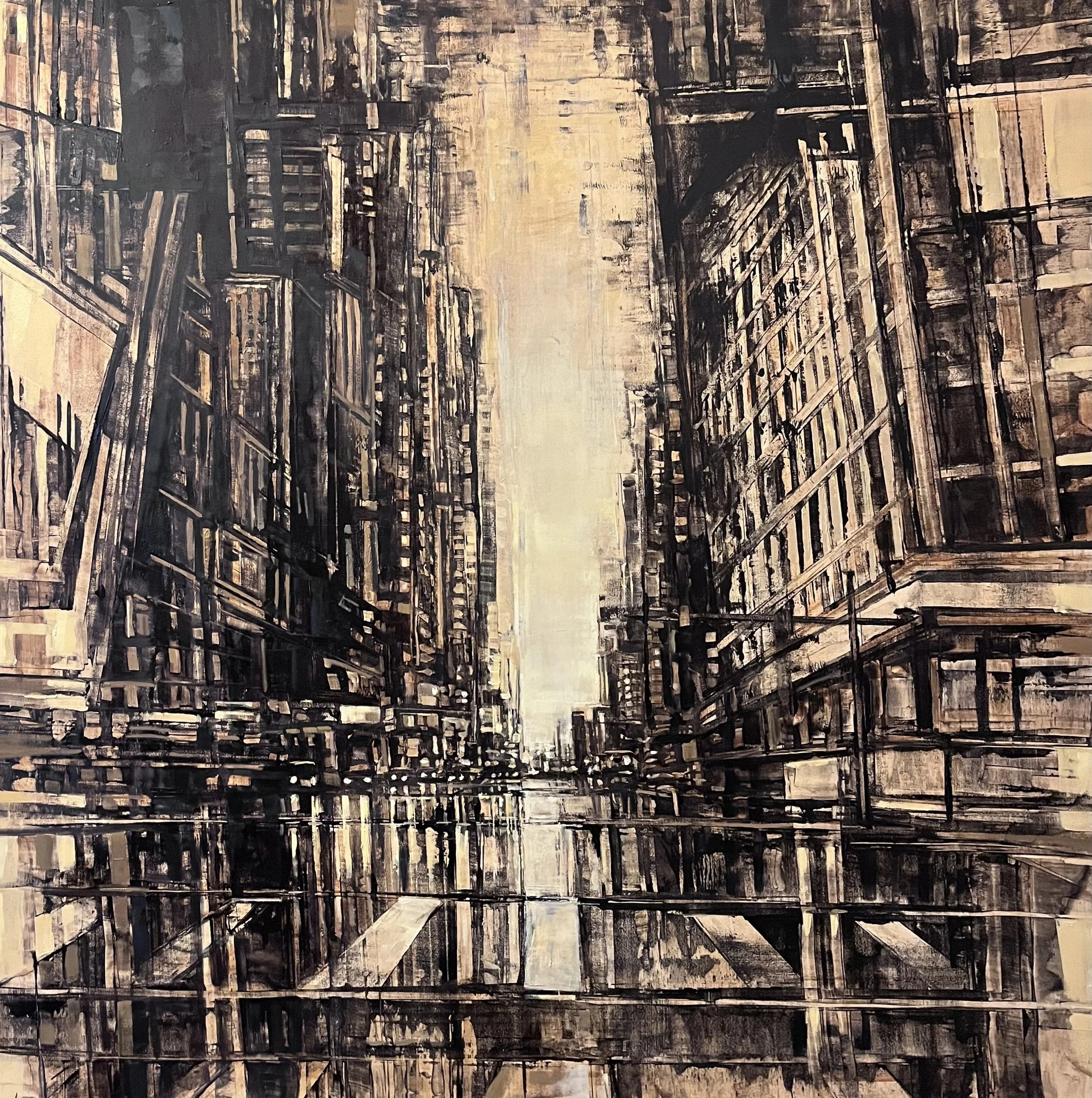 Monotone abstract cityscape painting of downtown Columbus Ohio by Jessica Wojtasek
