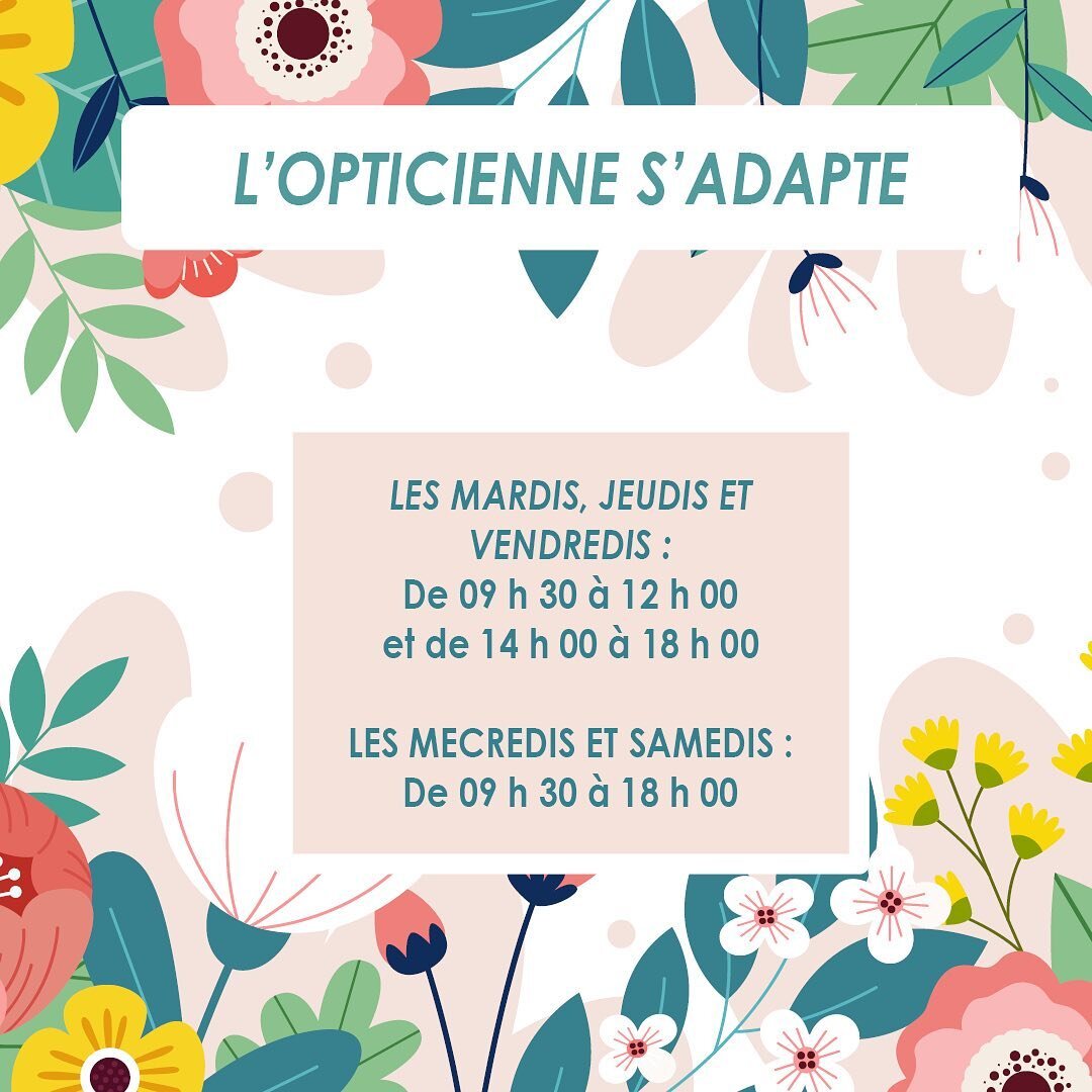 L&rsquo;Opticienne ouvre les mardis, jeudis et vendredis de 9h30 &agrave; 12h00 et de 14h00 &agrave; 18h00. Et les mercredis et les samedis de 9h30 &agrave; 18h00.
Vous garder la possibilit&eacute; de prendre rendez-vous en dehors des horaires d&rsqu