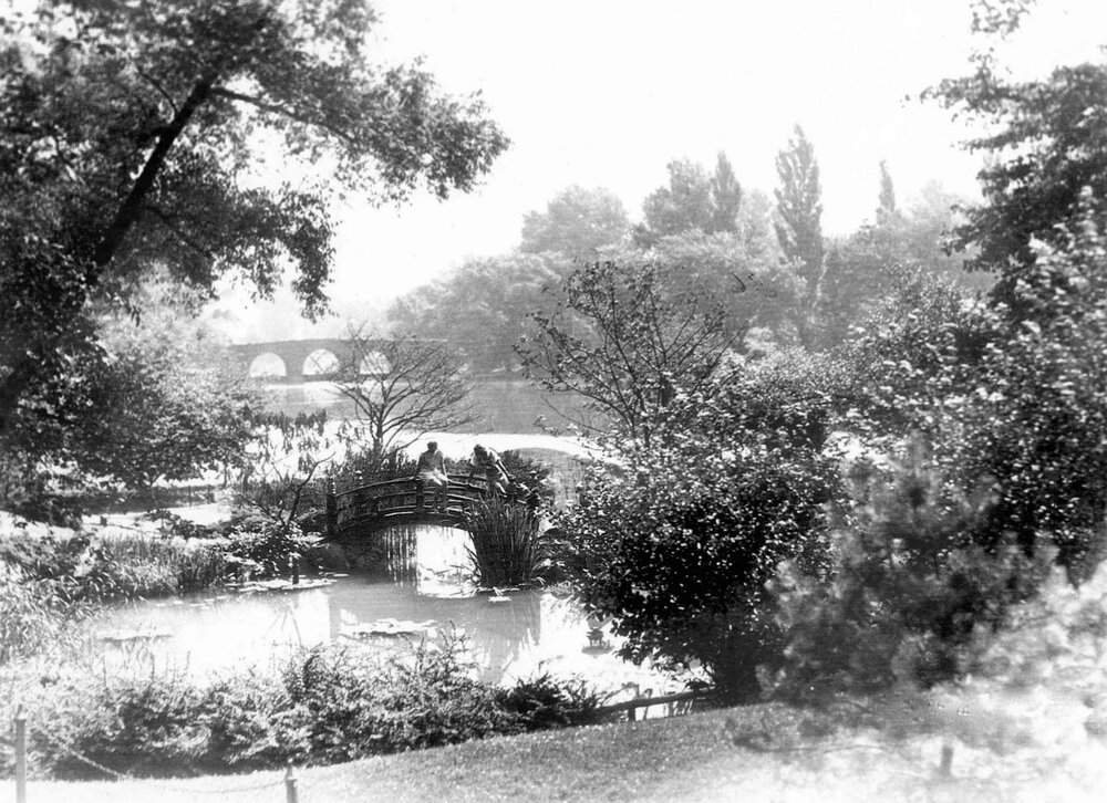 1935 Japanese Garden Bridge (with Music Court Bridge in back)(Courtesy of the Garden of the Phoenix Foundation).jpg