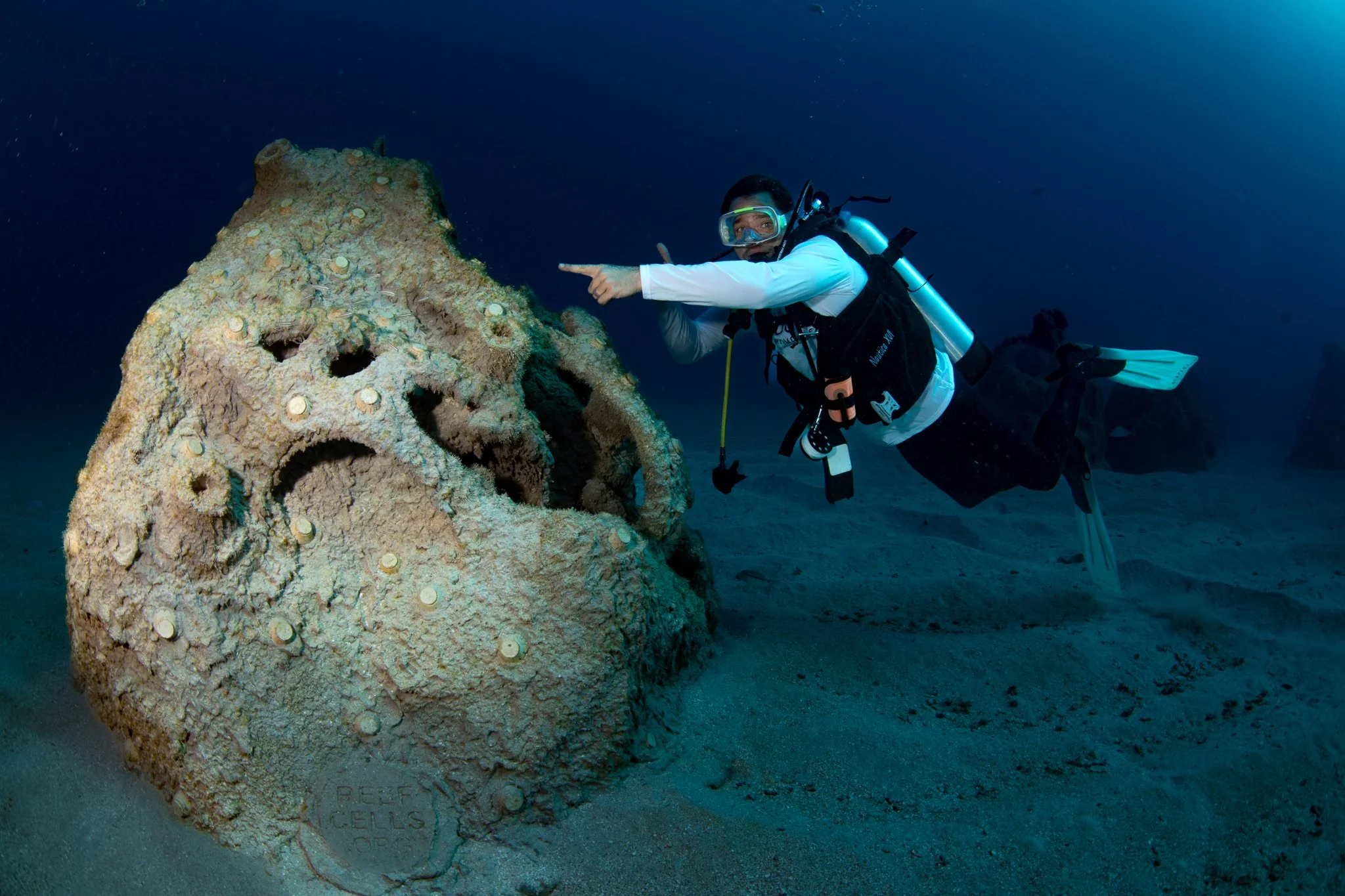 A scuba diver pointing at a large, weathered rock formation underwater, surrounded by sandy ocean floor.