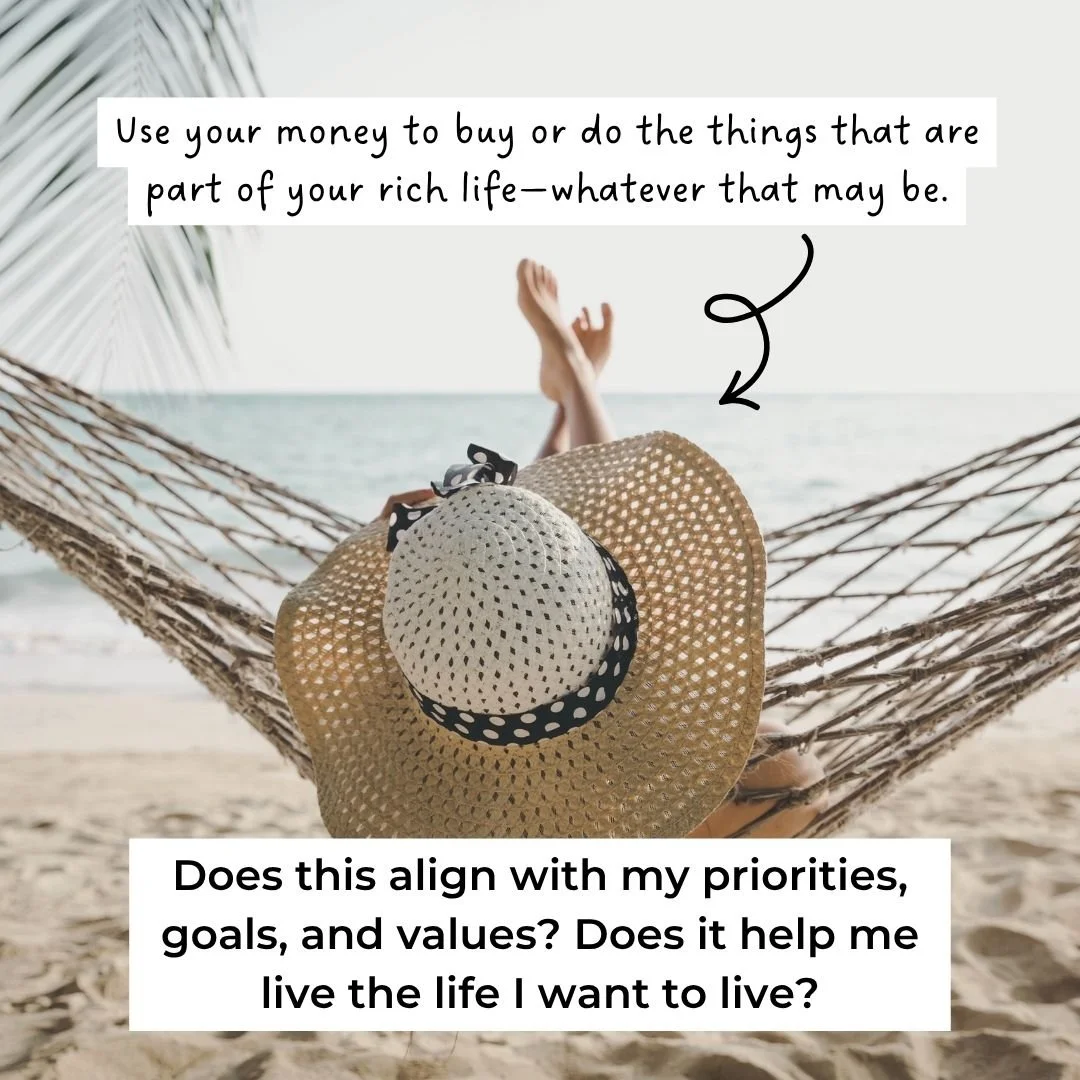 Woman in hammock to show that you should make spending decisions that support you living your best life for "Is It Worth It? 7 Questions to Ask Before You Buy" by Mindfully Money Financial Coaching
