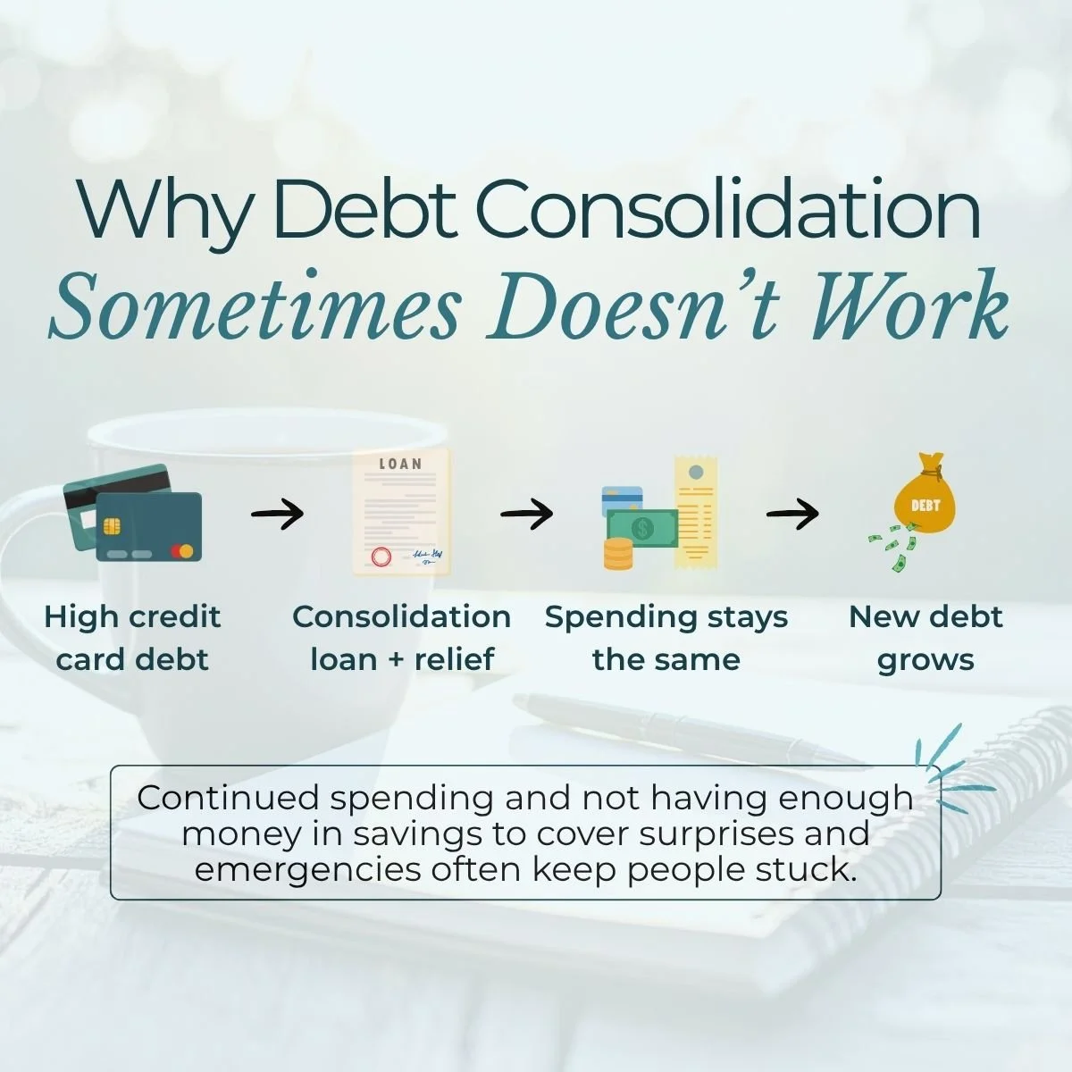 graphic showing that debt consolidation sometimes doesn't work because you get the loan, feel relief, continue spending and/or experience surprise expenses and emergencies, and then have to use debt to cover it.