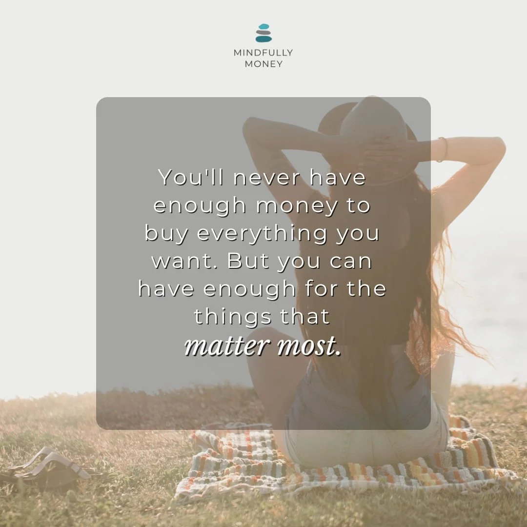 Quote with image of happy woman for "Is it worth it? 7 Questions to Ask Before You Buy" by Mindfully Money Financial Coaching