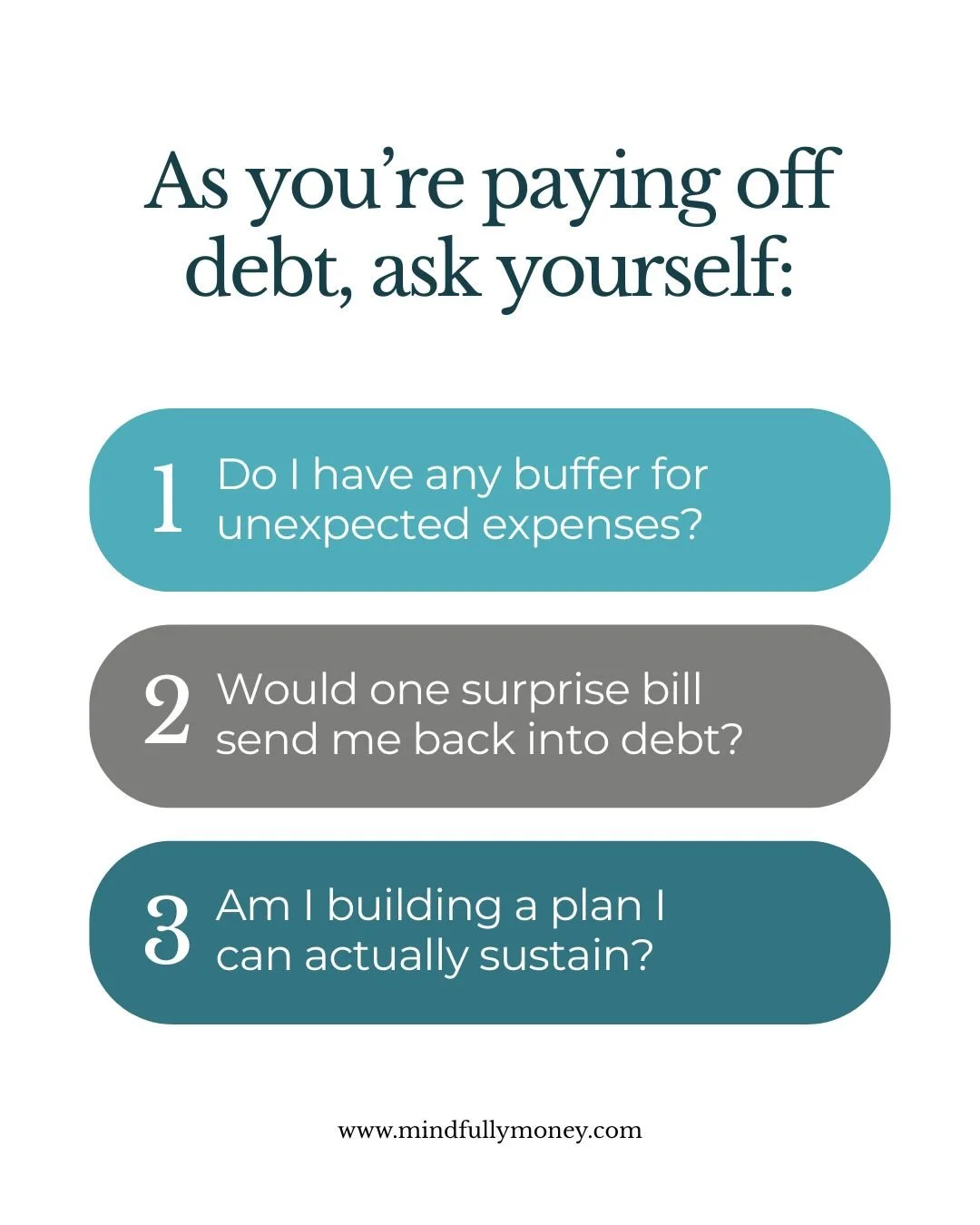 Questions to ask yourself when paying off debt to ensure sustainable debt payoff journey for "Why Paying Off Debt too Fast Can Backfire" by Mindfully Money Financial Coaching