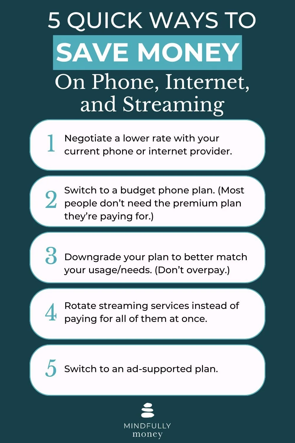 List of five tips for "How to Save Money on Phone, Internet, and Streaming" by Mindfully Money Financial Coaching