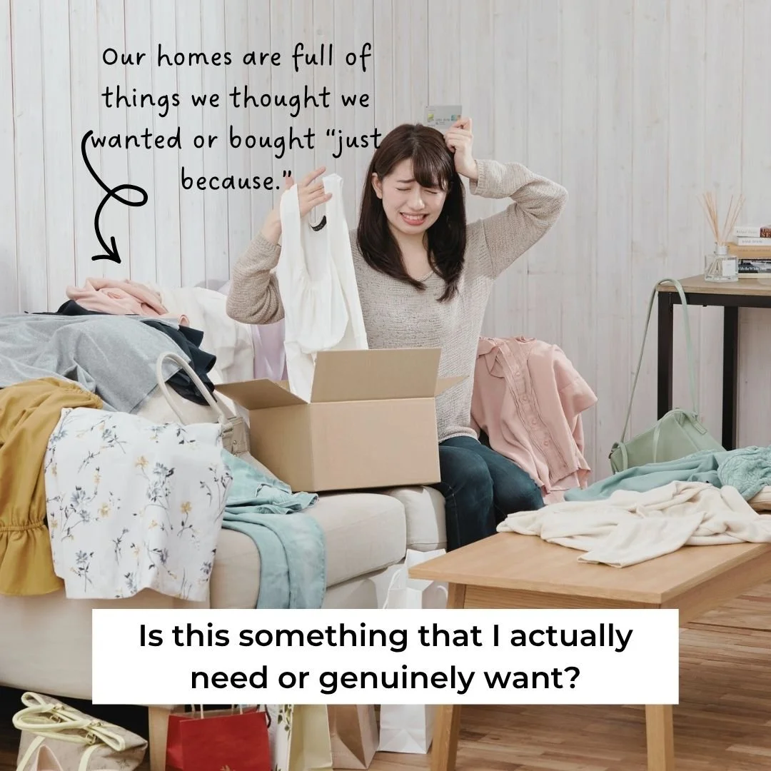 Woman overwhelmed with clothes to show that our homes are full of things we thought we wanted. For "Is it worth it? 7 Questions to Ask Yourself Before You Buy" by Mindfully Money Financial Coaching