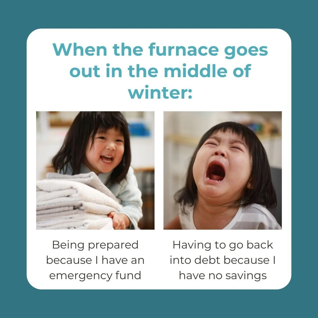 Image of happy little girl representing being prepared by saving for unexpected expenses, such as when the furnace goes out in the middle of winter, and image showing upset little girl having to use debt again because she doesn't have savings.