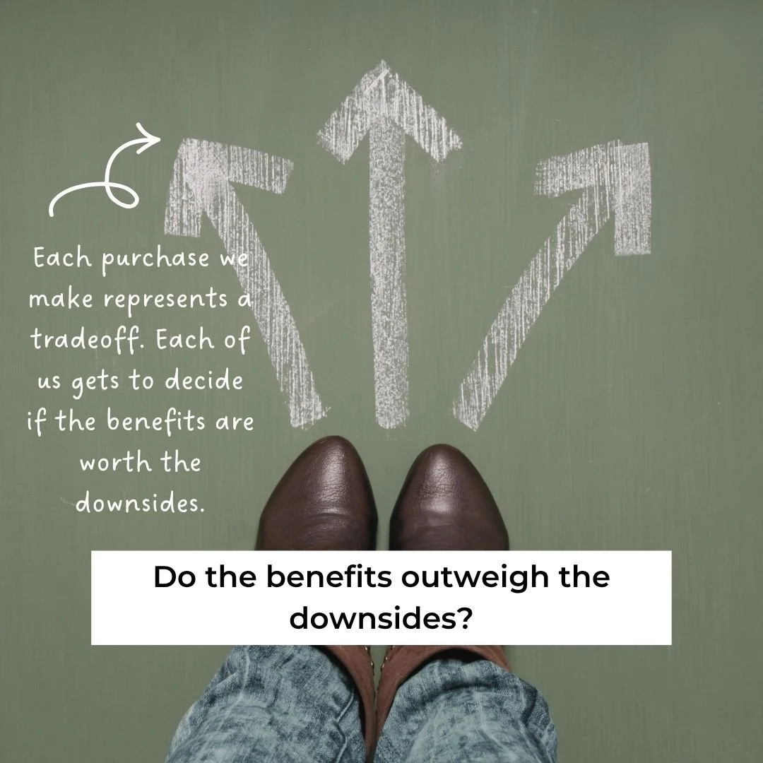 Feet with arrows going in different directions representing making a smart spending decision by weighing the benefits against the downsides of a purchase. Mindfully Money Financial Coaching