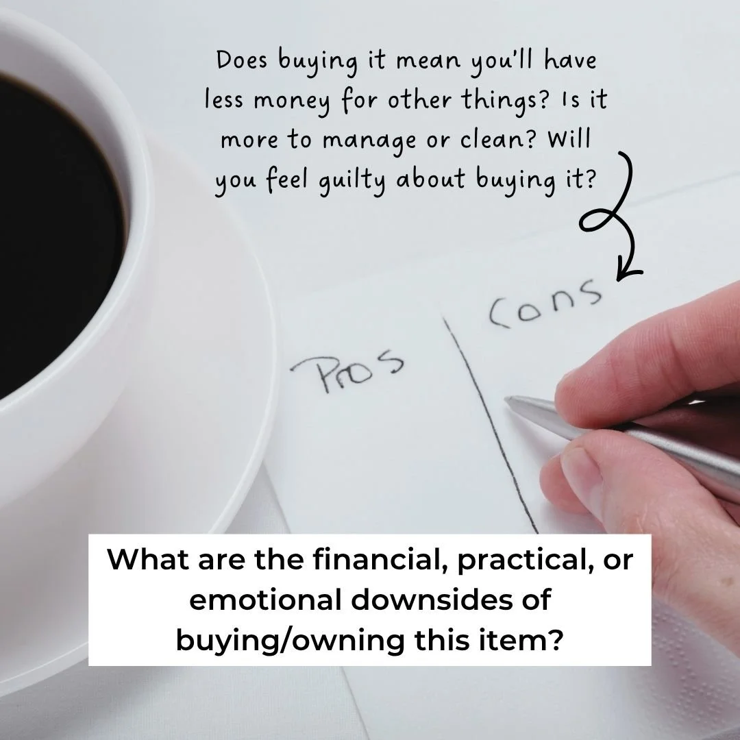 Coffee cup and pros and cons list to show that each purchase has benefits and downsides of purchasing. Image for "Is it worth it? 7 Questions to Ask Yourself Before You Buy" by Mindfully Money Financial Coaching