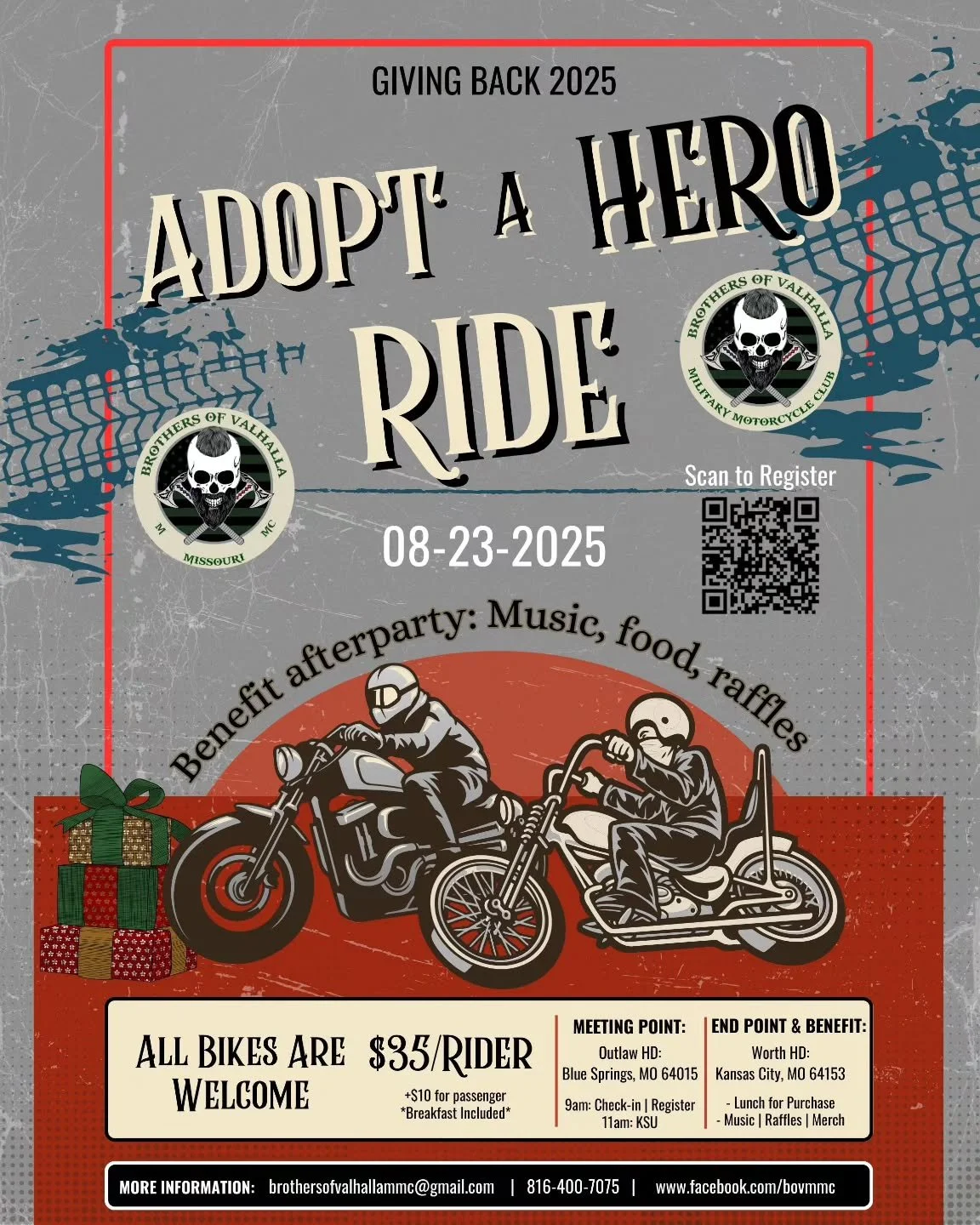 Register to ride in person and/or your passenger too, or as a virtual rider at the link below, or scan the QR code on our flyer 

https://www.zeffy.com/en-US/ticketing/adopt-a-hero-ride--2025?fbclid=IwY2xjawLtQqFleHRuA2FlbQIxMQABHh9_RCN1uunWRL3rDR4XZ