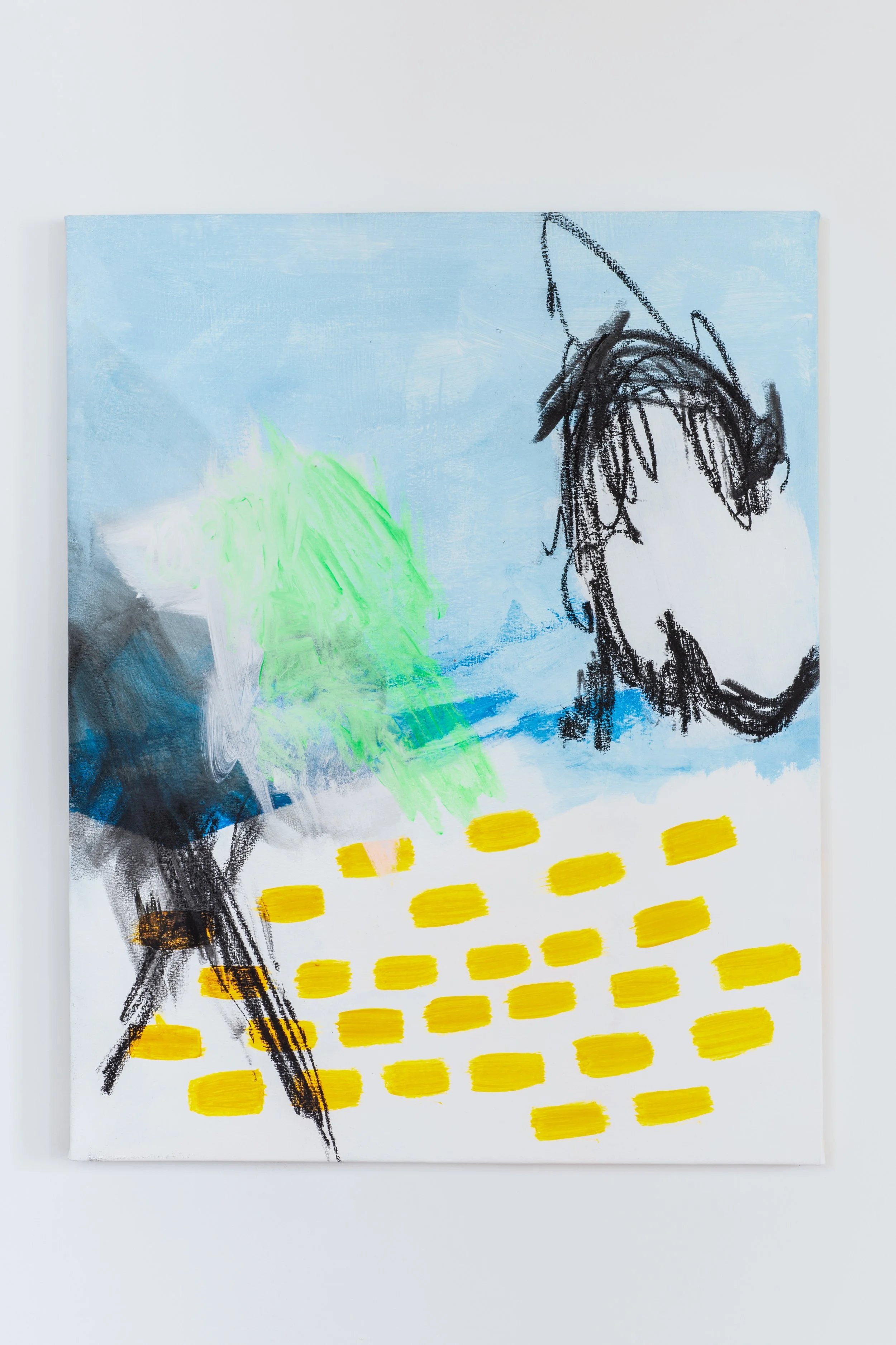 An earnest attempt to cushion the blow from an X and an O, 2013. 
Acrylic and charcoal on canvas. 
40.5 x 32 inches (102.9 x 81.3 cm).