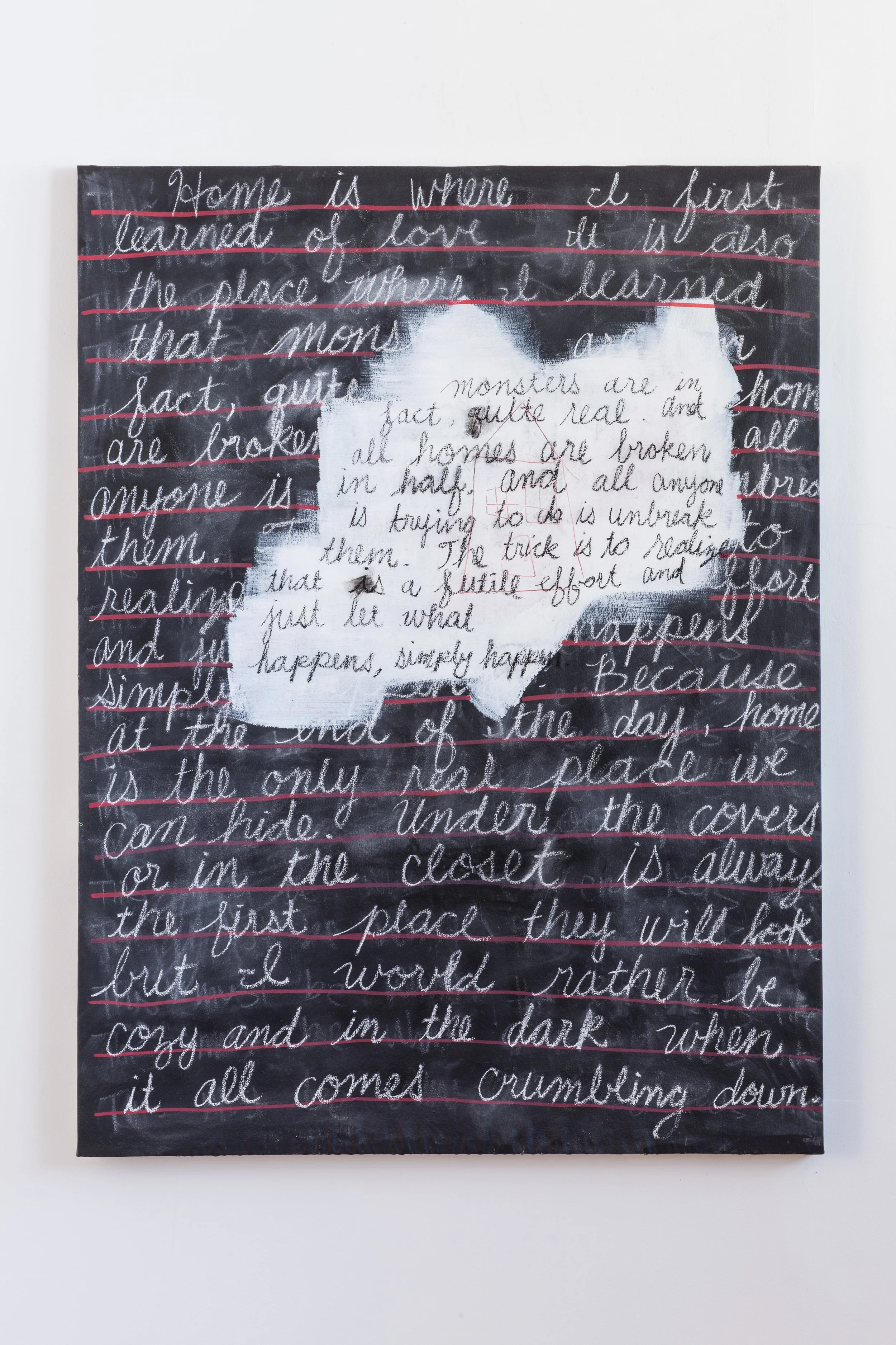 Welcome home, 2013. 
Oil, acrylic, charcoal, and chalk on canvas. 
68 x 51.25 inches (172.7 x 130.2 cm).