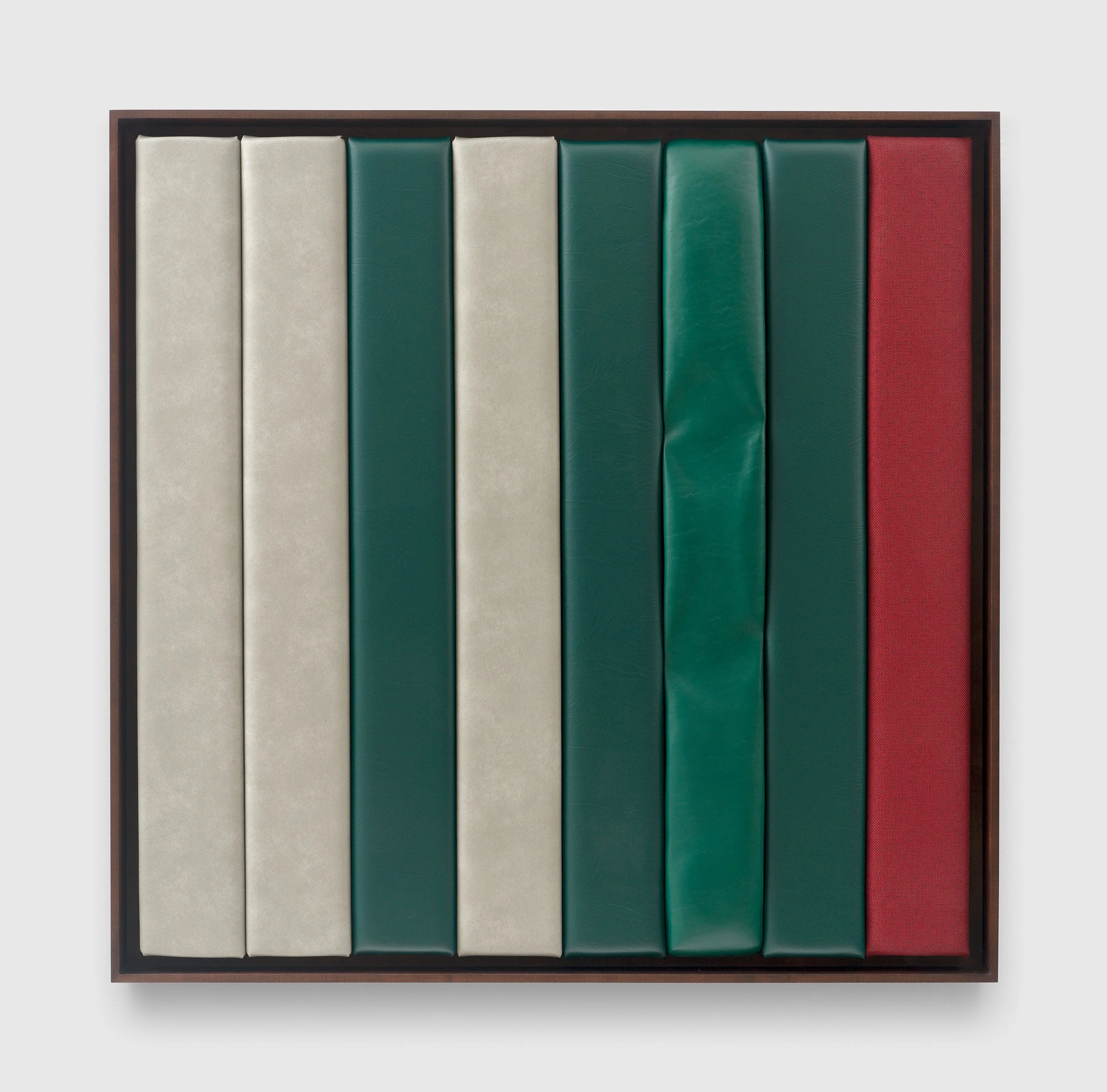 Vigil (for the homeward), 2025. 
Wood, high density foam, ethafoam, vinyl, fabric, and artist's knee impressions in artist's frame. 
51 x 51 3/4 x 3 5/8 inches (129.5 x 131.4 x 9.2 cm).