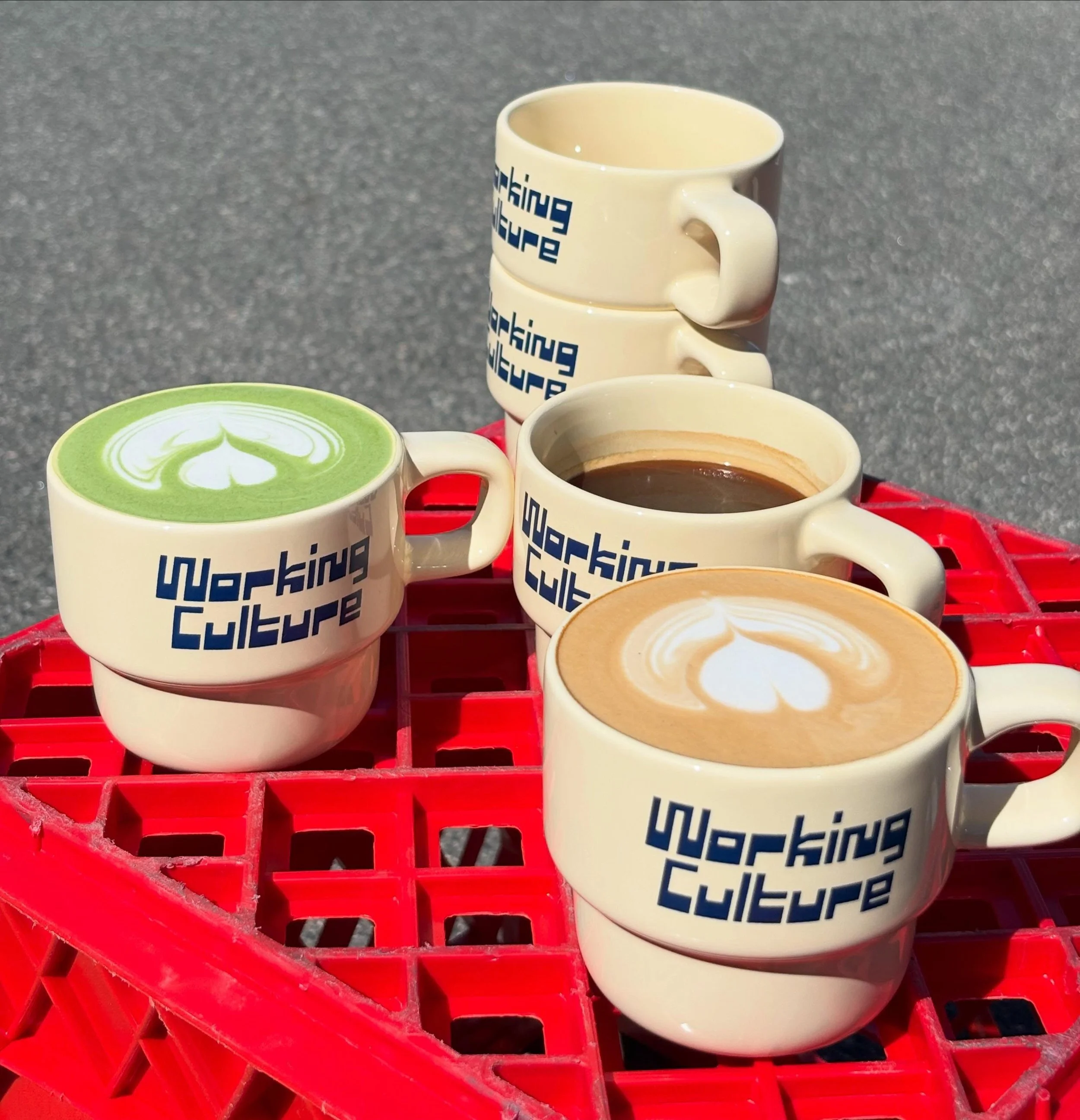 we have mugs! 10oz creamy stackable coffee cups so you can think about us at home 😇