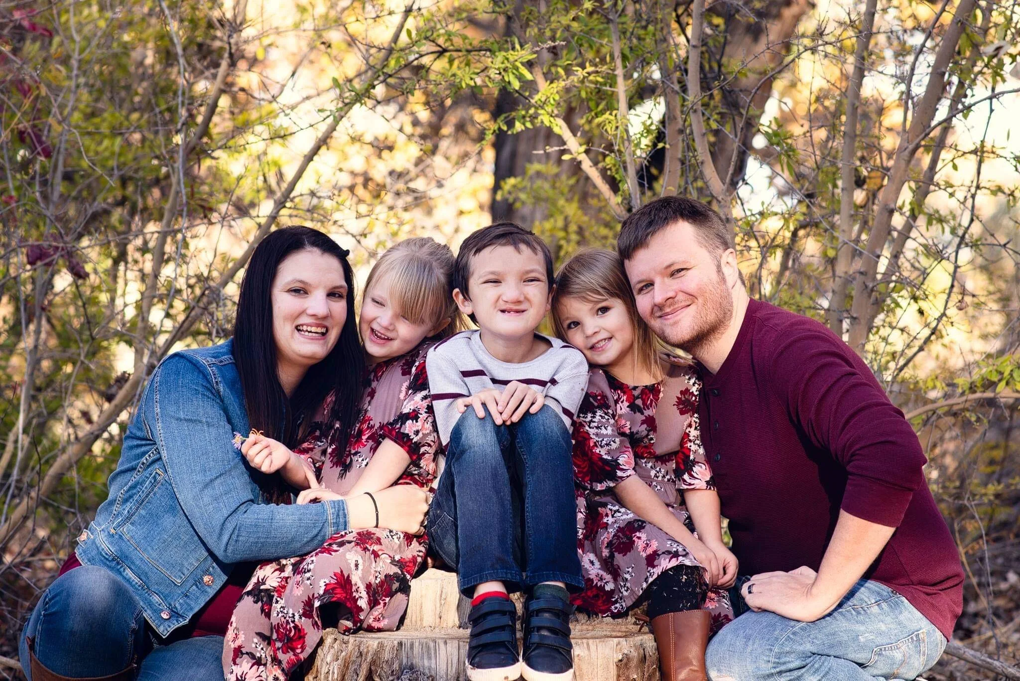 A family of six sitting on a tree stump outdoors, smiling and enjoying each other's company surrounded by trees and autumn foliage.