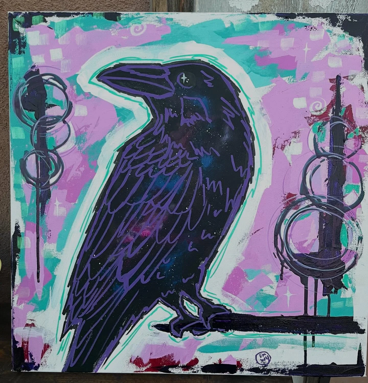 Working right up to the last minute as usual. Haha 

It was in here the whole time 
20x20 (I think&hellip;might be 24x24&hellip;I&rsquo;ll measure it)
Acrylic 

This will be in my studio for the Corrales Art Studio Tour. Stop 27 💜

#ravenart #visitc