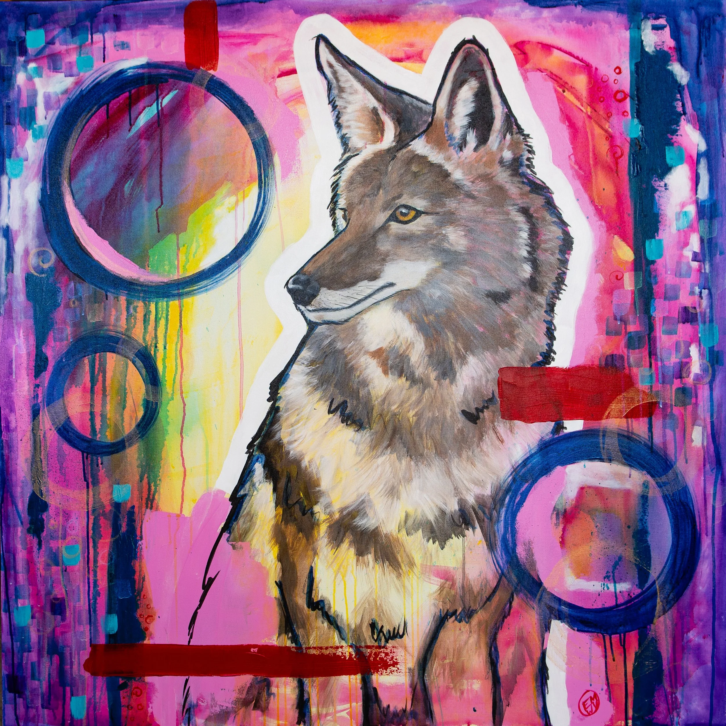 Street art painting of a wolf on a colorful, abstract background with pink, purple, and yellow hues, and circular designs.