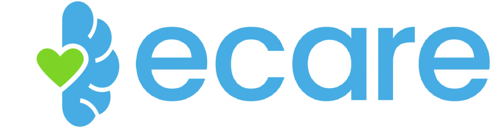 Logo for eCare with a stylized brain icon featuring a green heart on the left side.