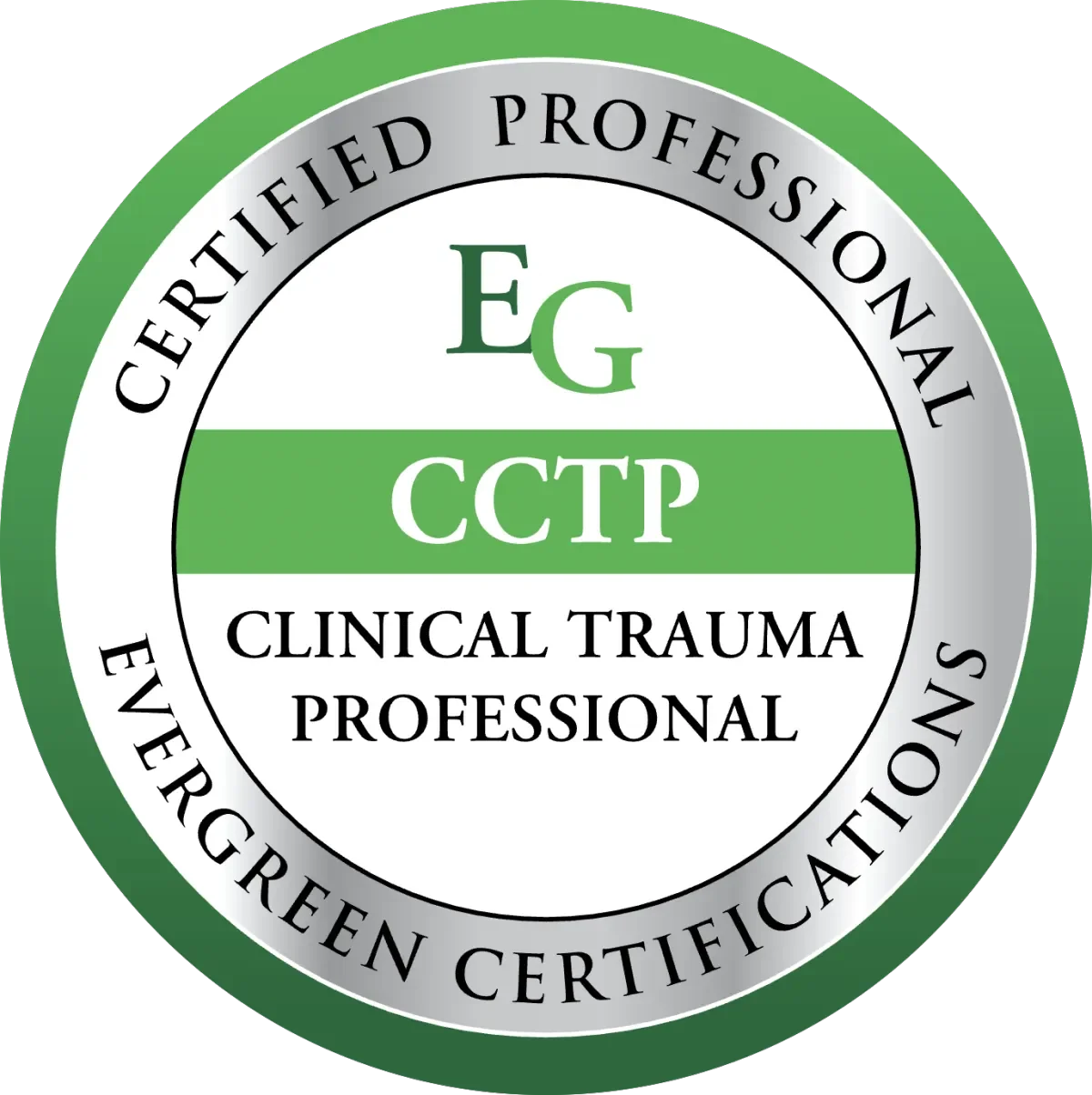 Certification badge for clinical trauma professional, showing the text 'EG,' 'CCTP,' and 'Clinical Trauma Professional,' with a green and silver border around the badge.