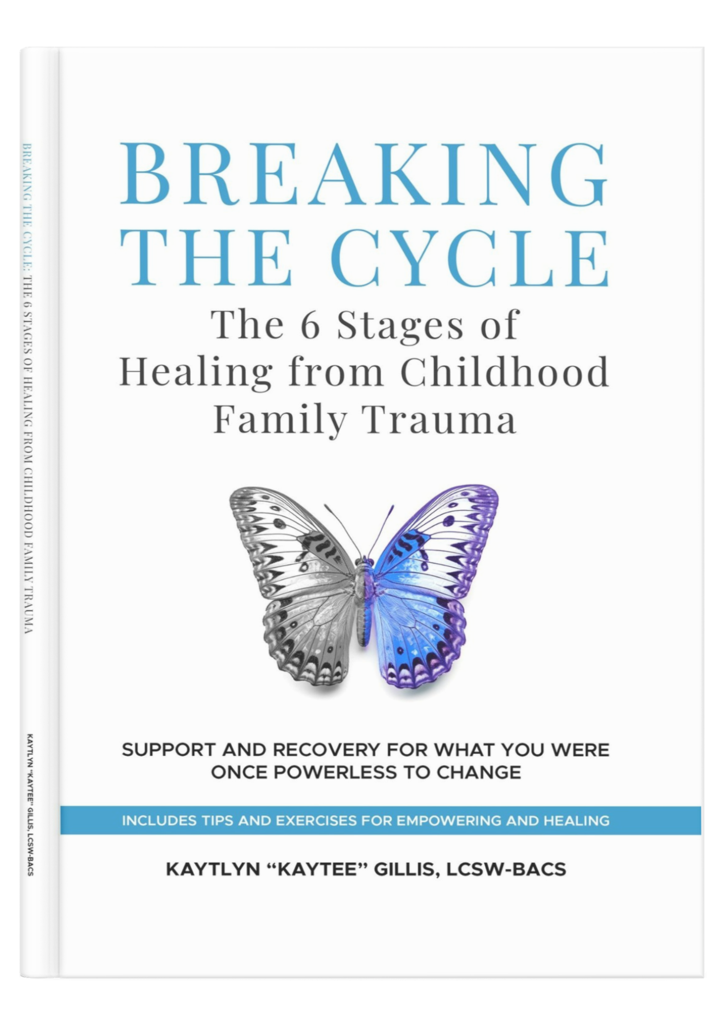 Book cover titled "Breaking the Cycle: The 6 Stages of Healing from Childhood Family Trauma" by Kaytlyn "Kaytee" Gillis featuring a butterfly, half black and white and half blue, symbolizing transformation.