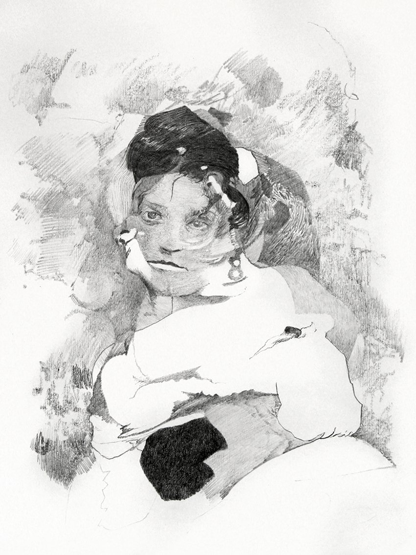 Pencil drawing collage, head, multi-faceted