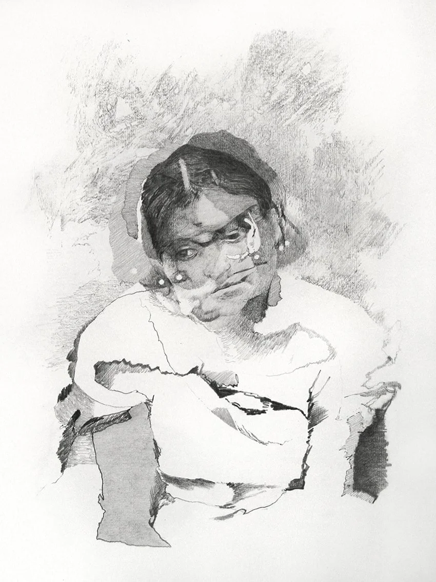 Pencil drawing collage, head, multi-faceted