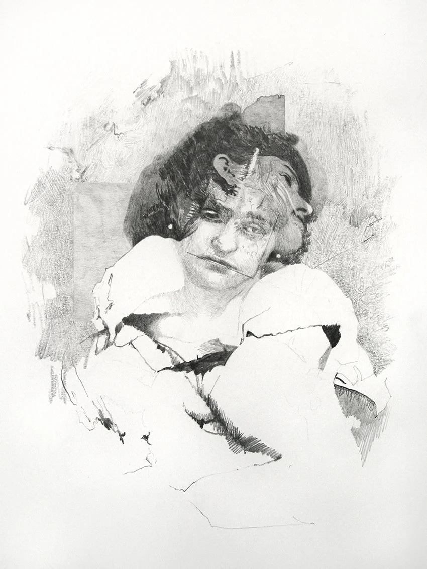 Pencil drawing collage, head, multi-faceted