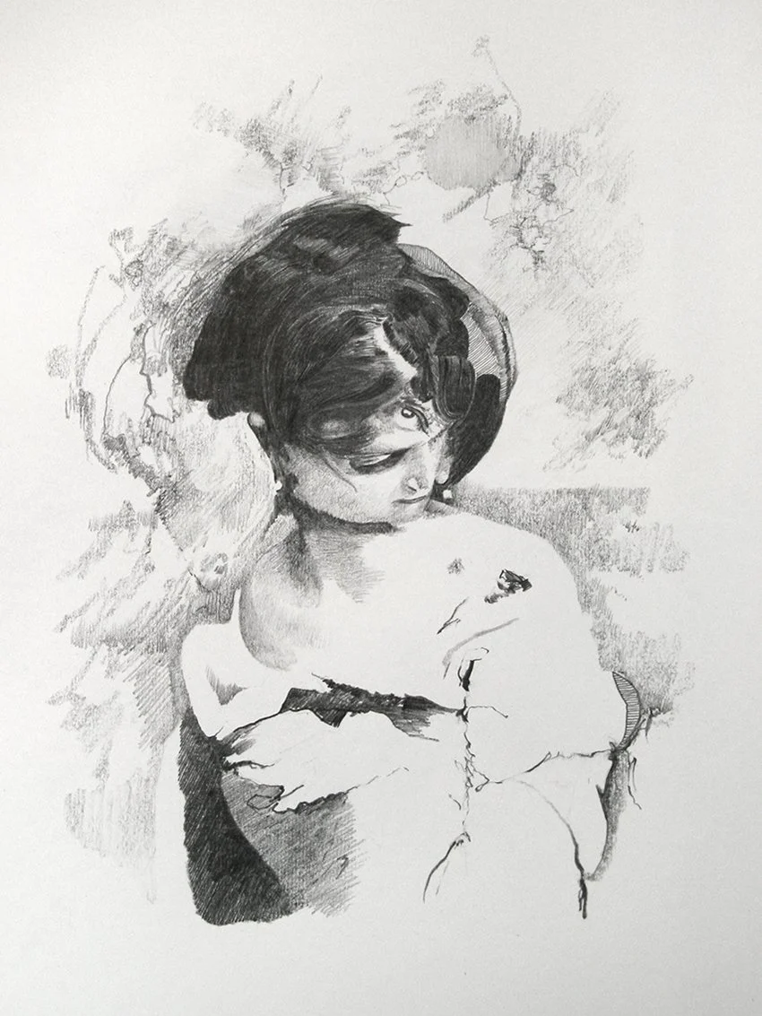 Pencil drawing collage, head, multi-faceted