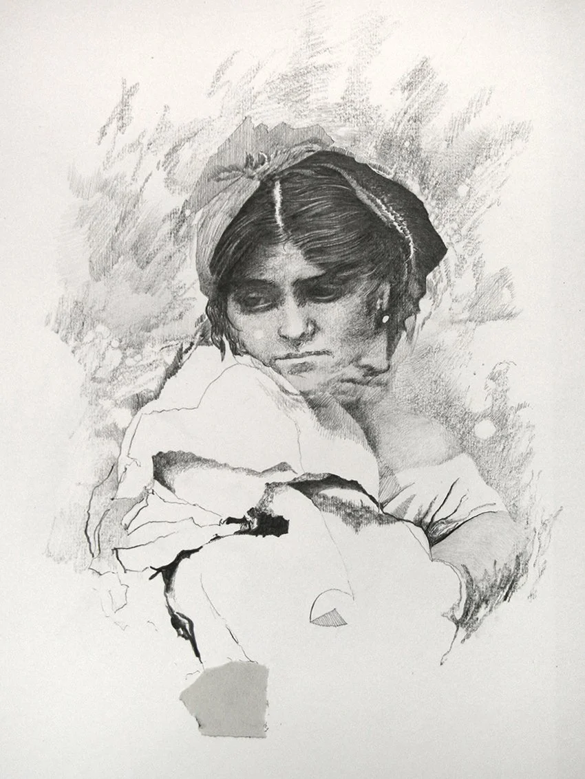 Pencil drawing collage, head, multi-faceted