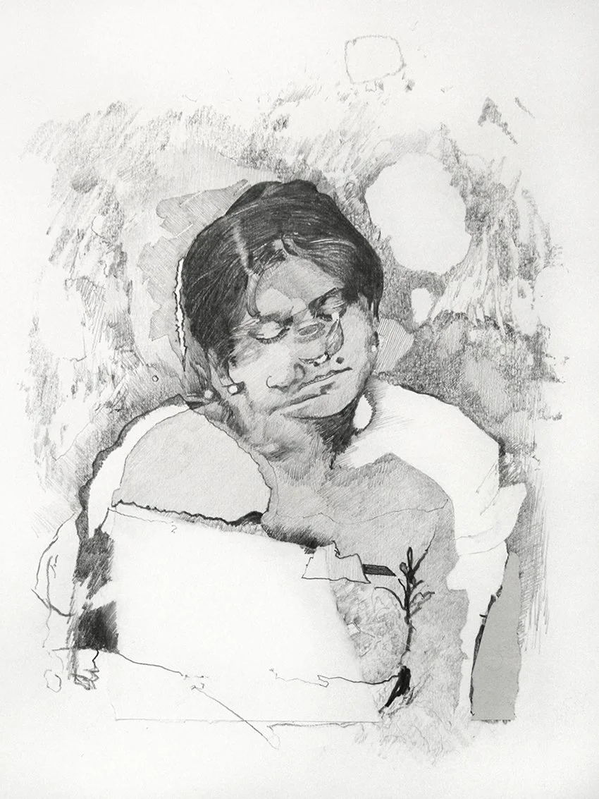 Pencil drawing collage, head, multi-faceted