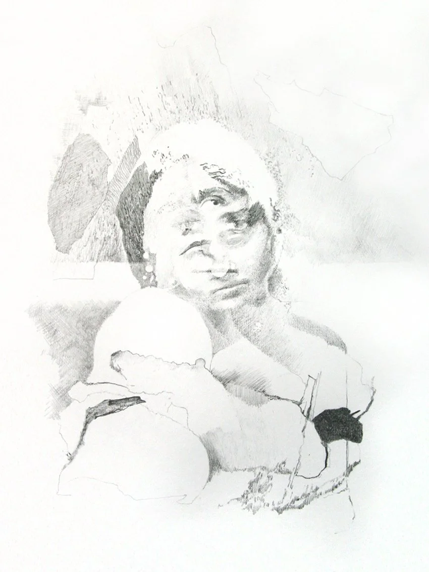 Pencil drawing collage, head, multi-faceted