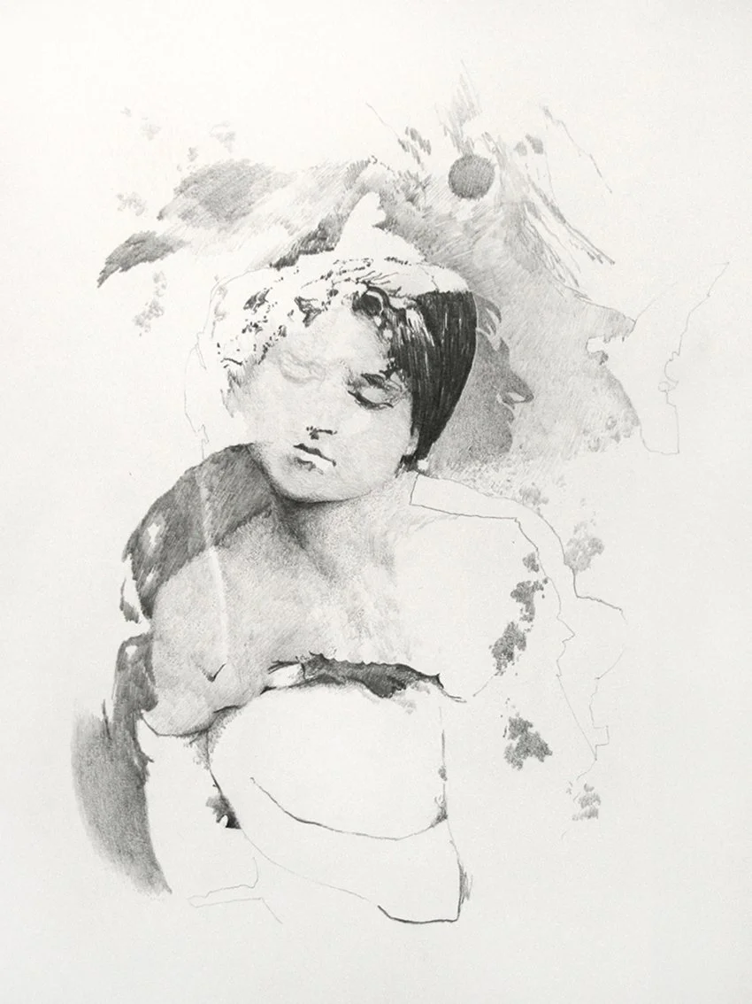 Pencil drawing collage, head, multi-faceted