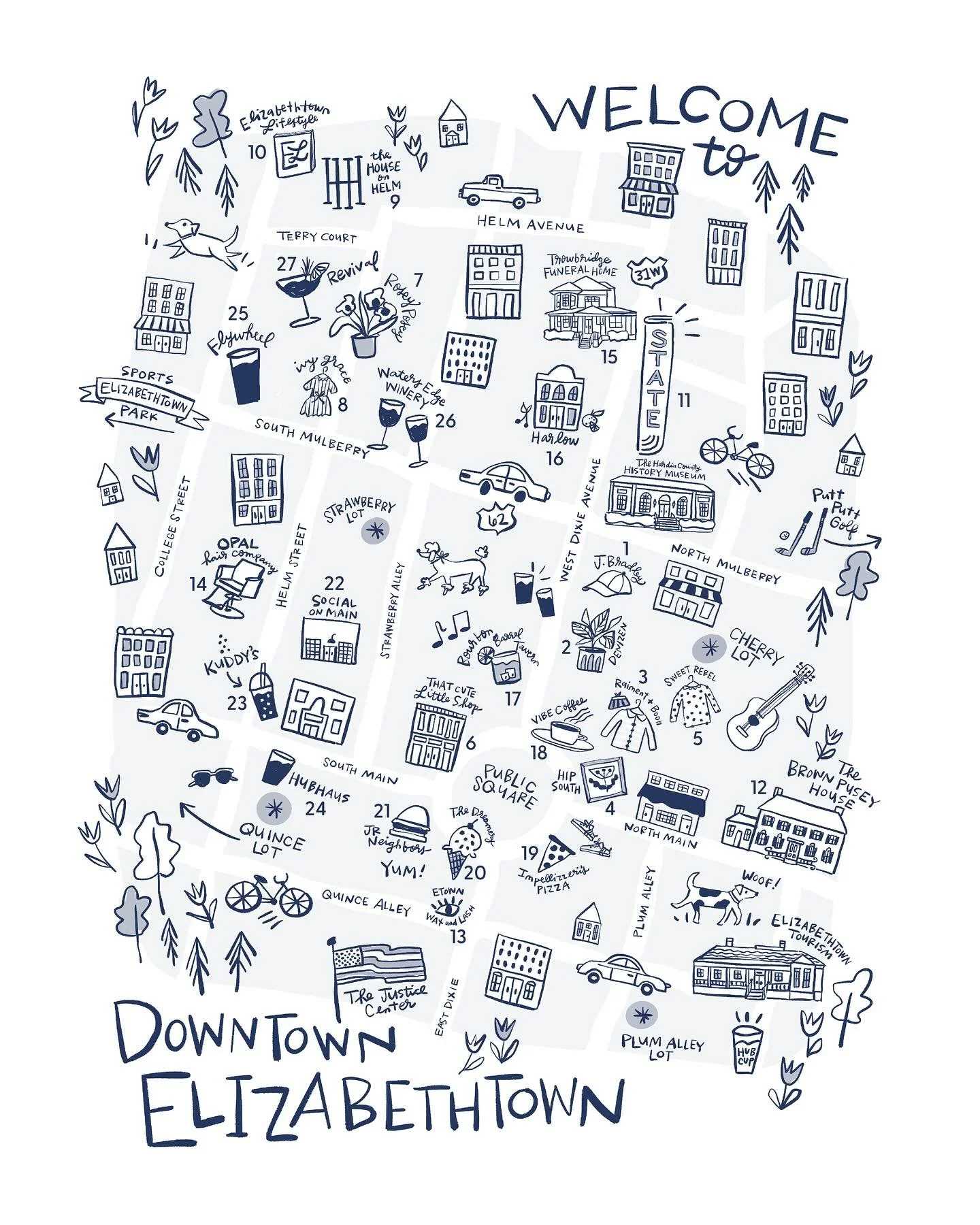 An illustrated map (and guide!) celebrating community and my downtown neighborhood, created in partnership with our local Historic Downtown Elizabethtown Business Association. Small prints available at each of the listed spots. 

@downtownelizabethto