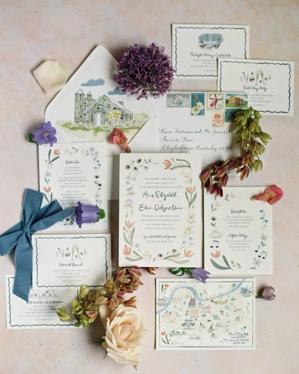 Sharing one of my most favorite projects to date on the anniversary of the the couple that it celebrates. A collection of thoughtfully imagined illustrations by the bride and groom that spoke so perfectly to their love for each other, their sweet pup