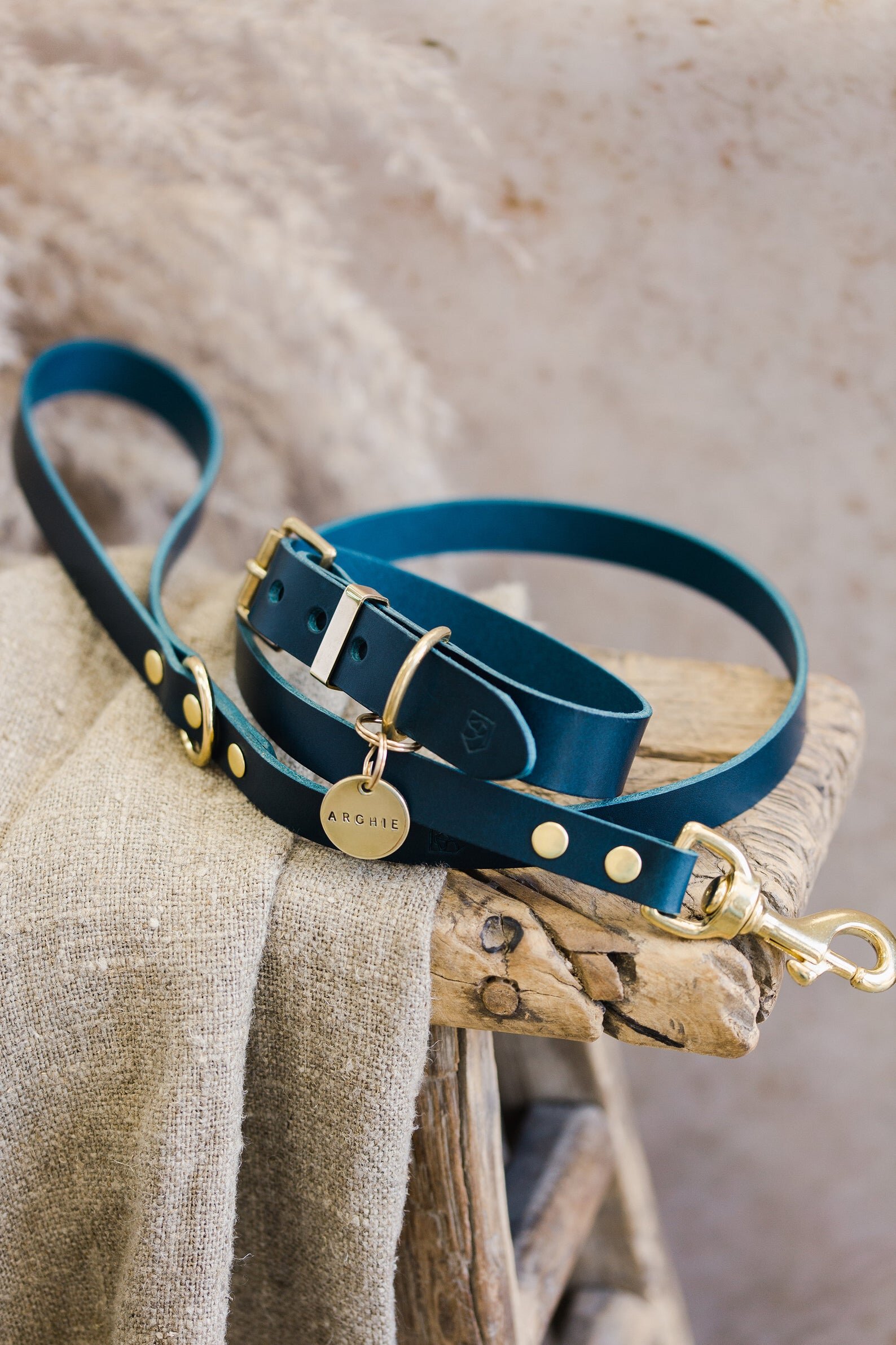 Blue Leather Leash + Collar Set-I’ve ordered from this Etsy shop for our pup, they are great quality and have a ton of colors and options to customize.
