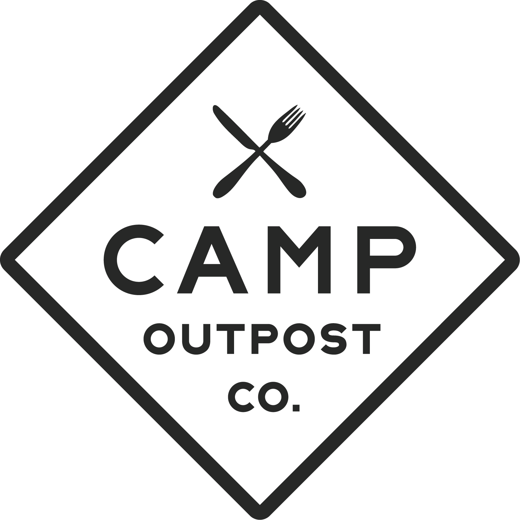 Logo for Camp Outpost Co., featuring a diamond outline with a fork and knife crossed at the top.