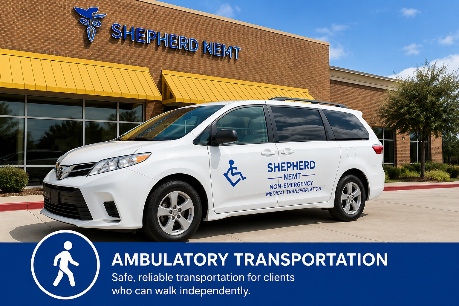 A white non-emergency medical transportation van with a wheelchair symbol and 'SHEPHERD NEMT NON-EMERGENCY MEDICAL TRANSPORTATION' written on its side, parked outside a Shepherd NEMT facility with a brick exterior and yellow awnings.