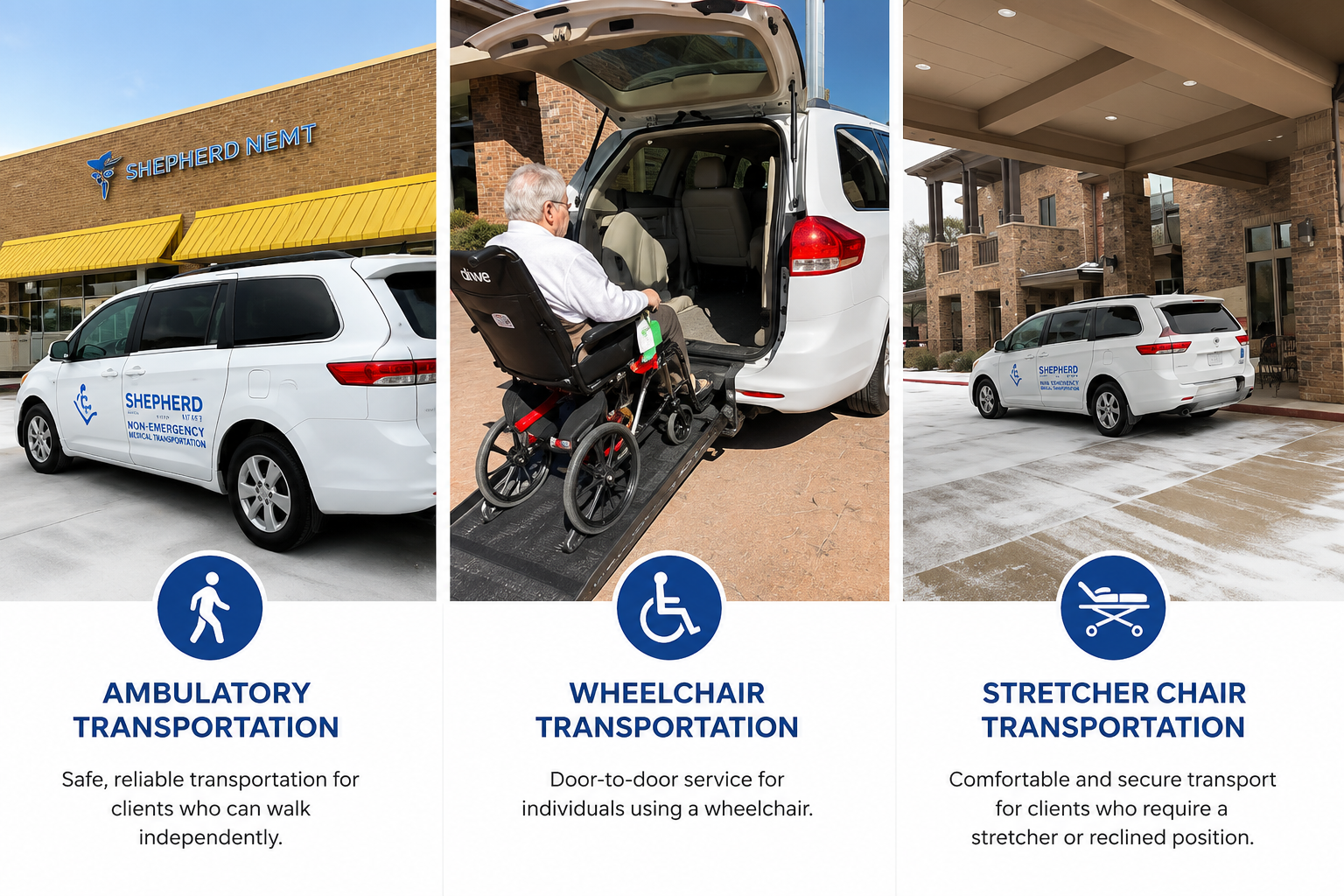 A collage of three images promoting transportation services by Shepherd Non-Emergency Medical Transportation. The first image shows a white van with Shepherd branding parked outside a building, representing ambulatory transportation for clients who can walk independently. The second image shows an elderly person in a wheelchair being lowered into a vehicle with a ramp, representing wheelchair transportation. The third image shows the same white van parked outside residential buildings, representing stretcher chair transportation for clients who require reclined positioning or a stretcher.