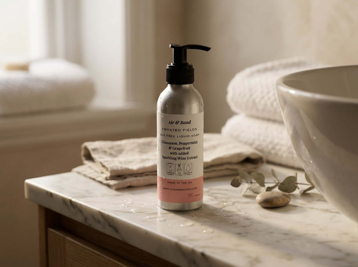 Frosted Fields:  Liquid Soap Cinnamon, Peppermint and Grapefruit with added Sparkling Wine Extract