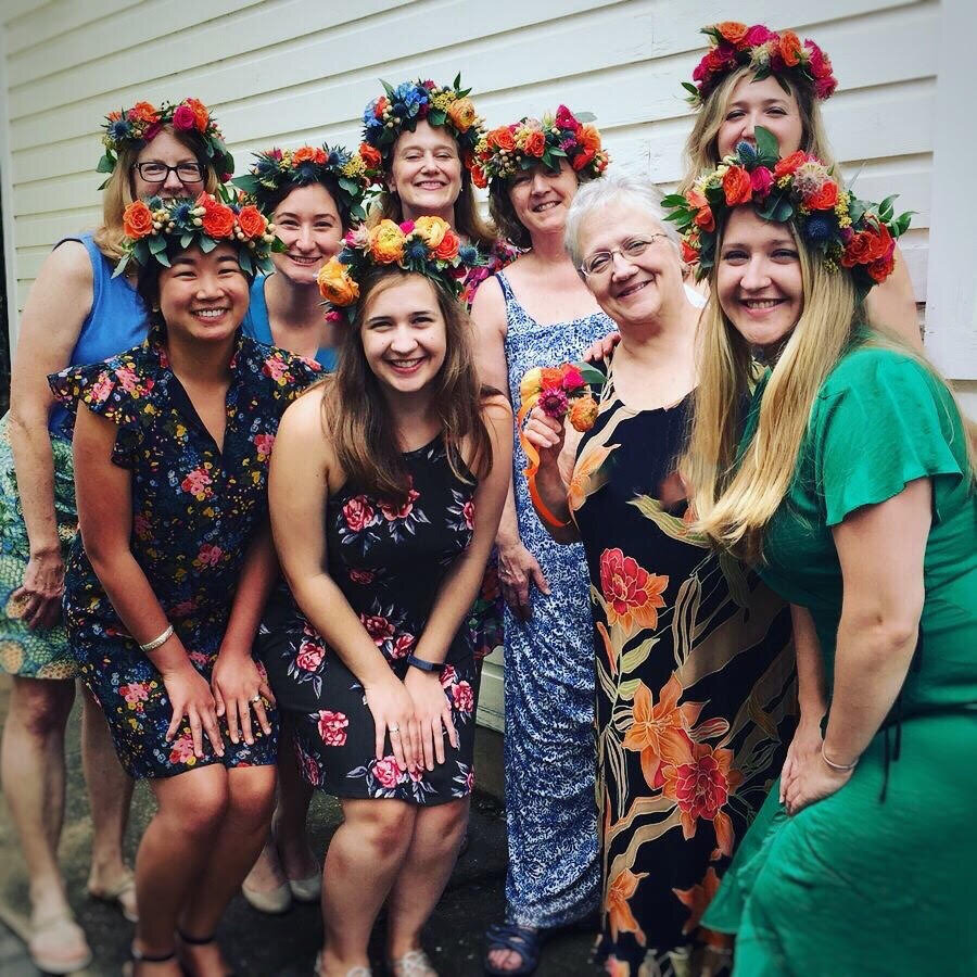 Bridal party with mutli color floral crowns