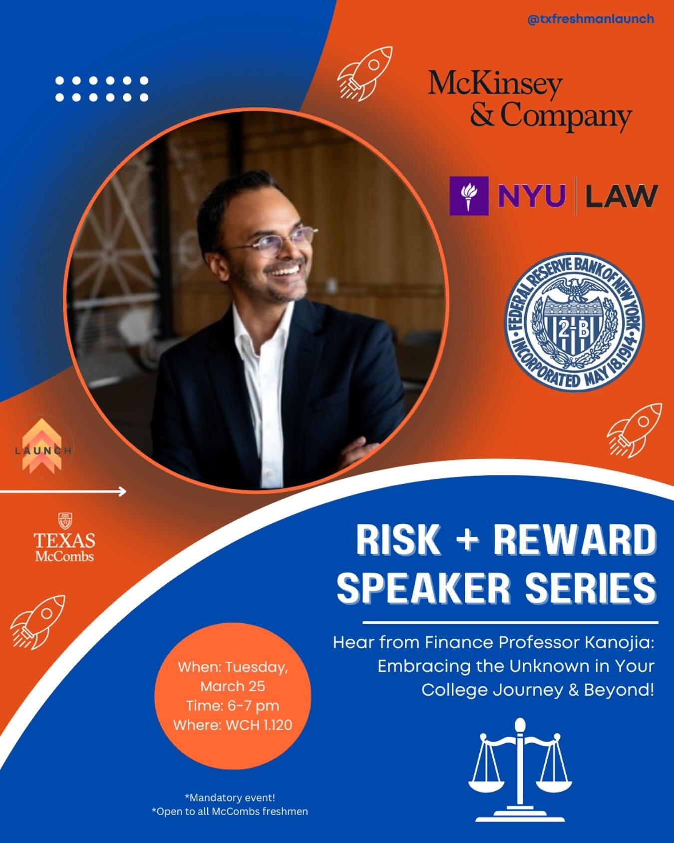 WHO&rsquo;S EXCITED FOR TOMORROW?!
The Risk + Reward Speaker Series will be held Tomorrow - Tuesday, March 25 from 6-7 pm at the (Will C. Hogg)
WCH 1.120! We will have a guest speaker - Professor Kanojia, who is a lecturer in the Finance Department! 