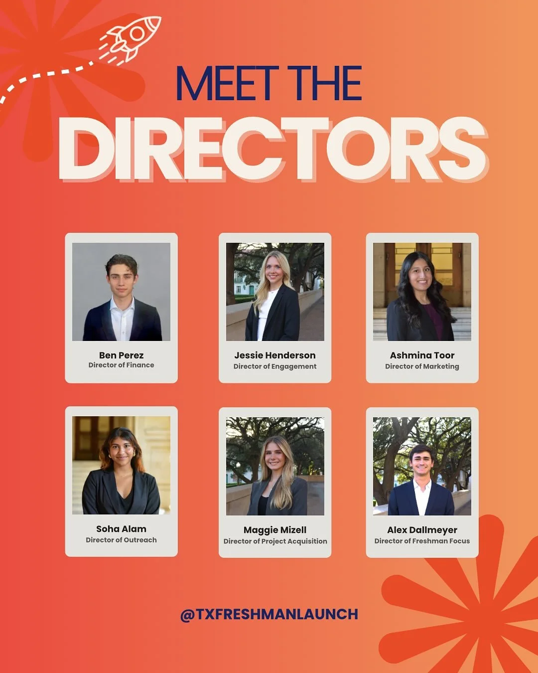 Say hello to your LAUNCHTASTIC 🚀 Director team!!! Meet your 2025-26 Directors - get ready for a year full of growth, impact, and memories!!! 

Director of Finance: Ben Perez
Director of Engagement: Jessie Henderson
Director of Marketing: Ashmina Too
