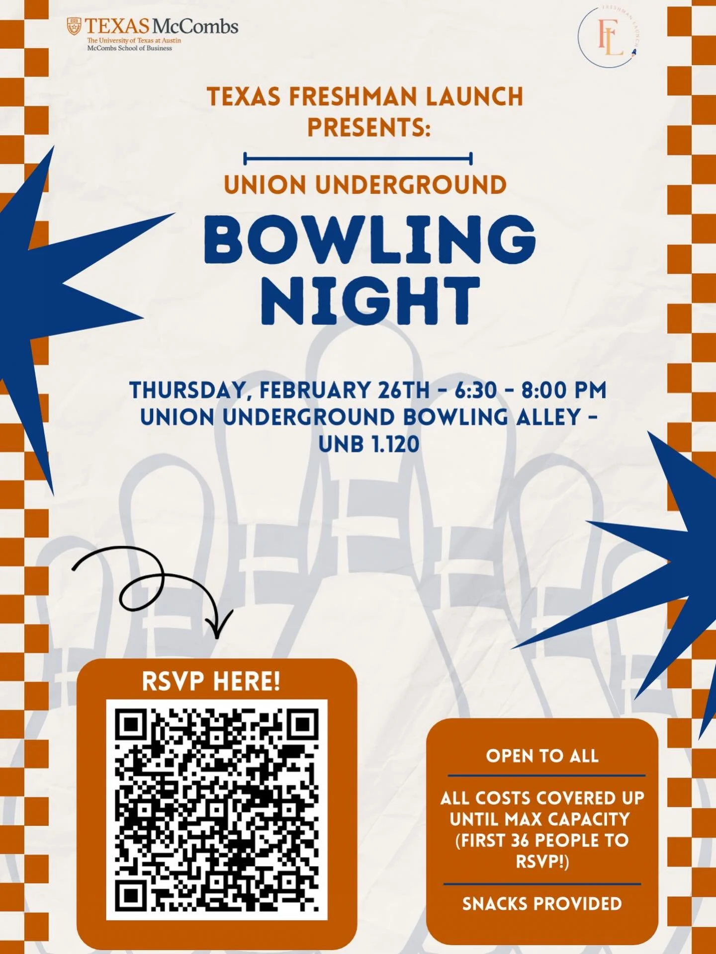 Who&rsquo;s excited for BOWLING NIGHT?! 🎳🫣🙌

Come join Freshman Launch &amp; others on Thursday, February 26th from 6:30-8:00 pm at the Texas Union Underground Bowling Alley! We can&rsquo;t wait to see everyone there! Bring your friends, as this e
