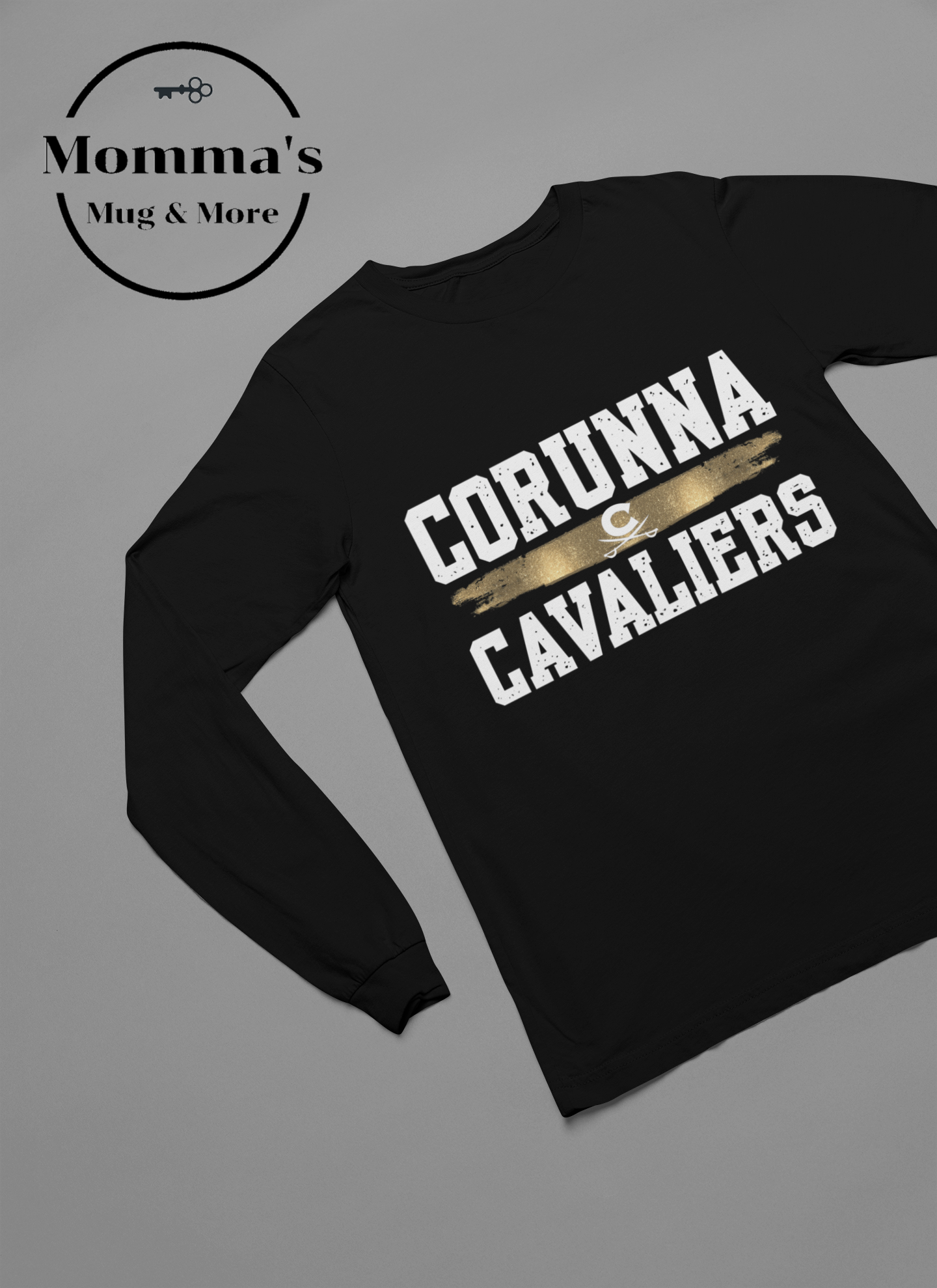 CORUNNA CAVALIERS GOLD SPLATTER BLACK SLEEVED TEE.png