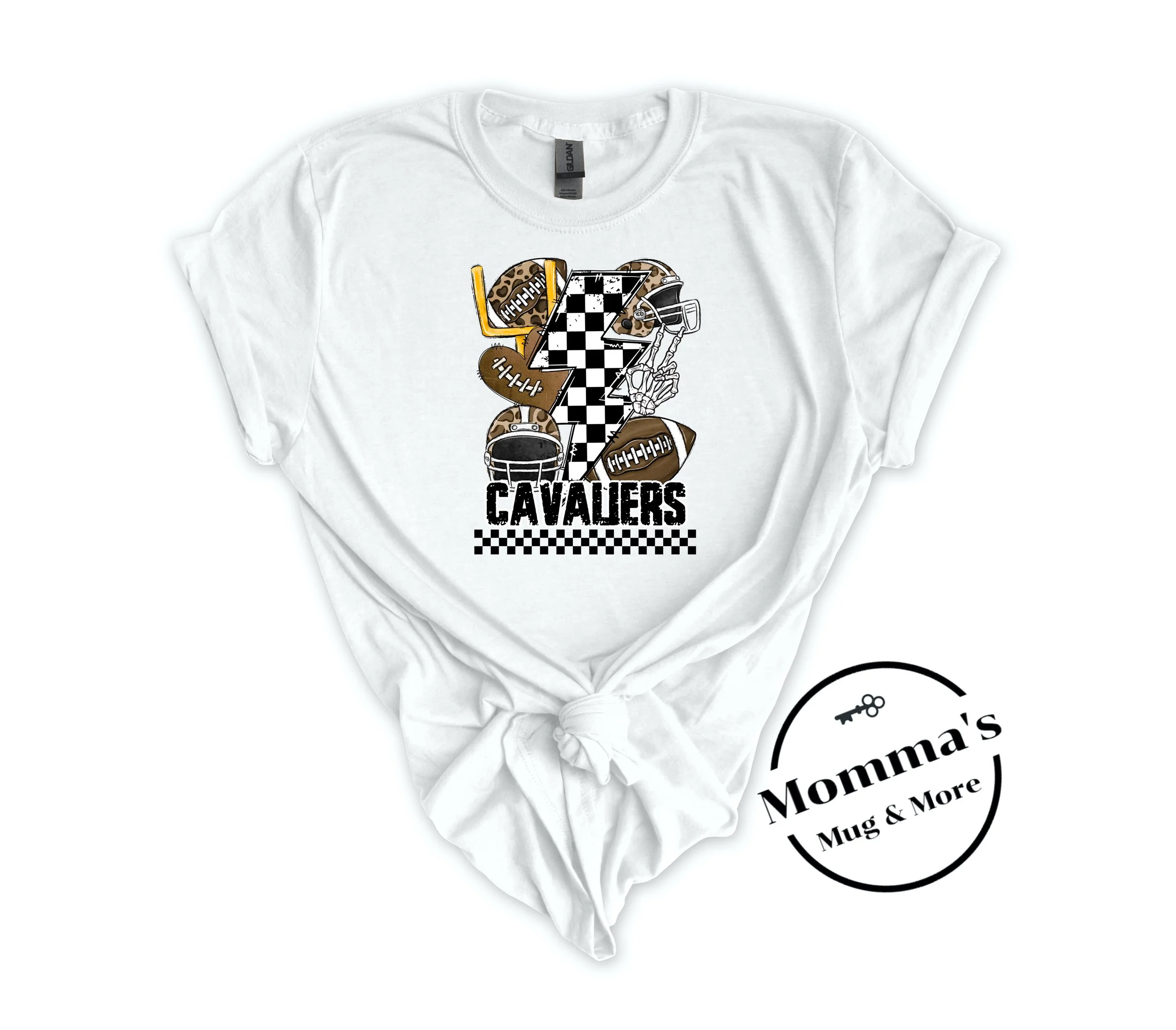 CAVALIERS FOOTBALL CHECKERED BOLTS WHITE TEE.jpeg