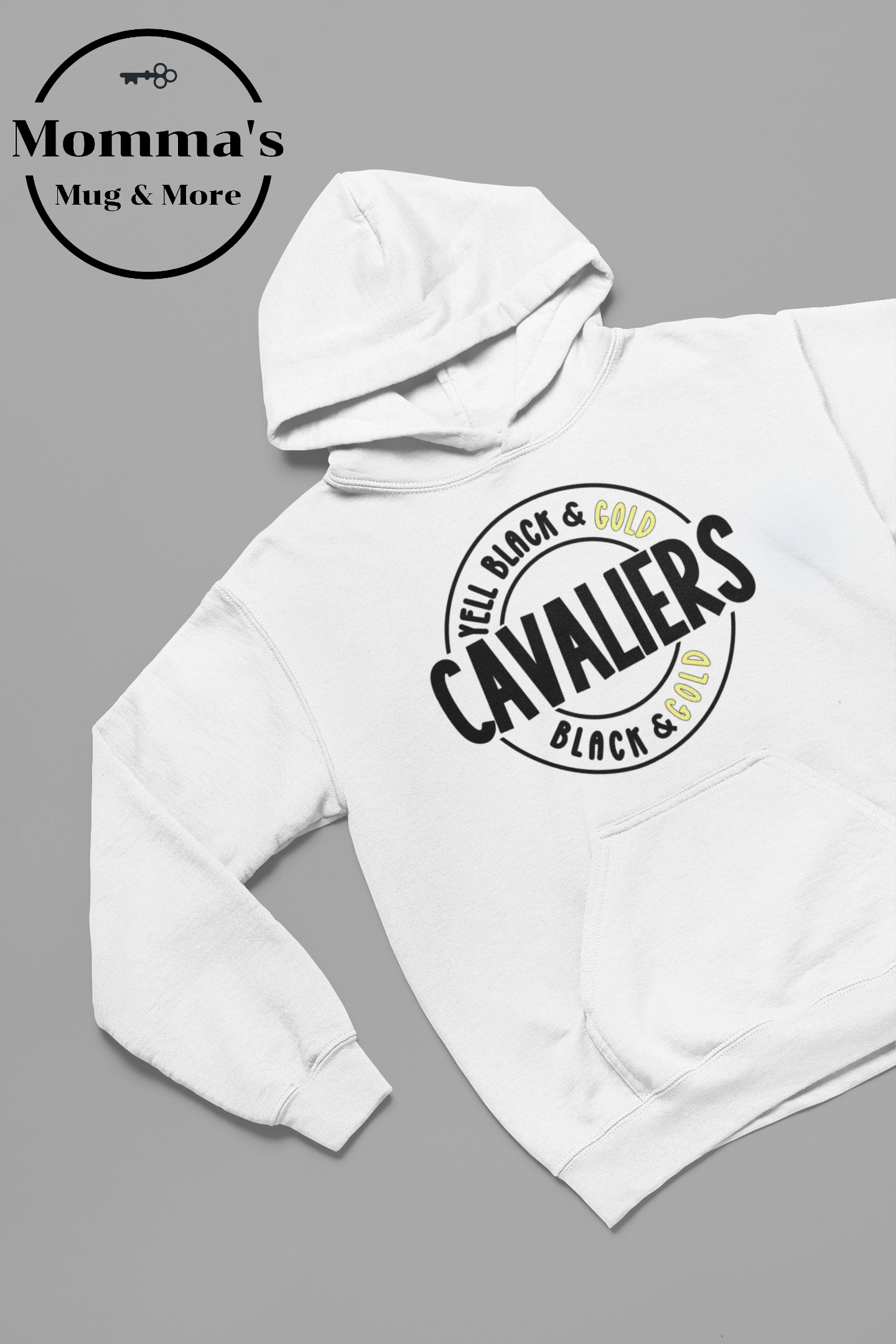 CORUNNA CAVALIERS YELL BLACK AND GOLD WHITE HOODIE.png