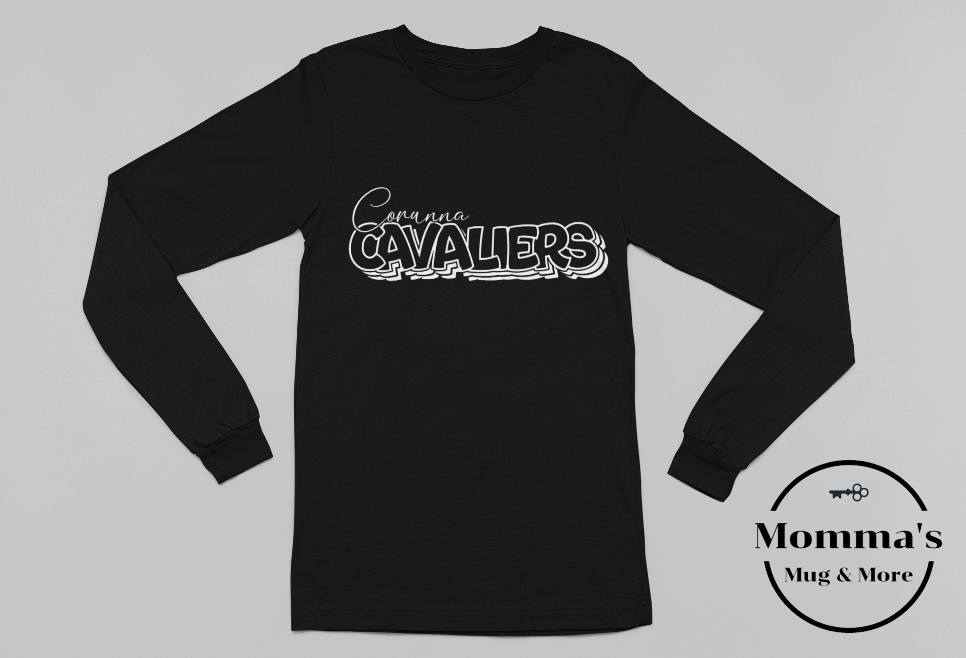 CORUNNA CAVALIERS ON REPEAT BLACK AND WHITE SLEEVED TEE.png