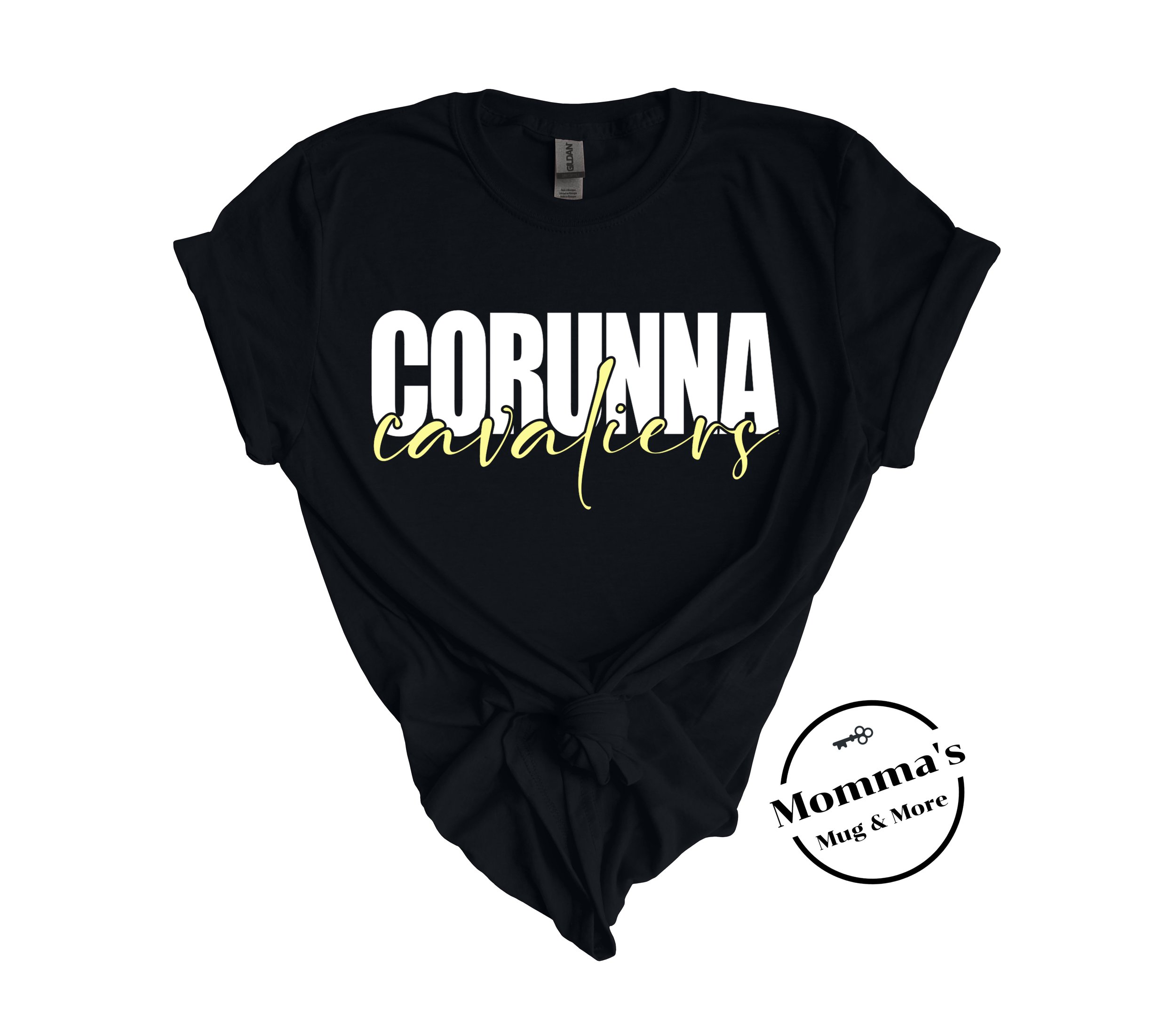 CORUNNA CAVALIERS MUTLI SCRIPT WHITE BLACK TEE.jpeg