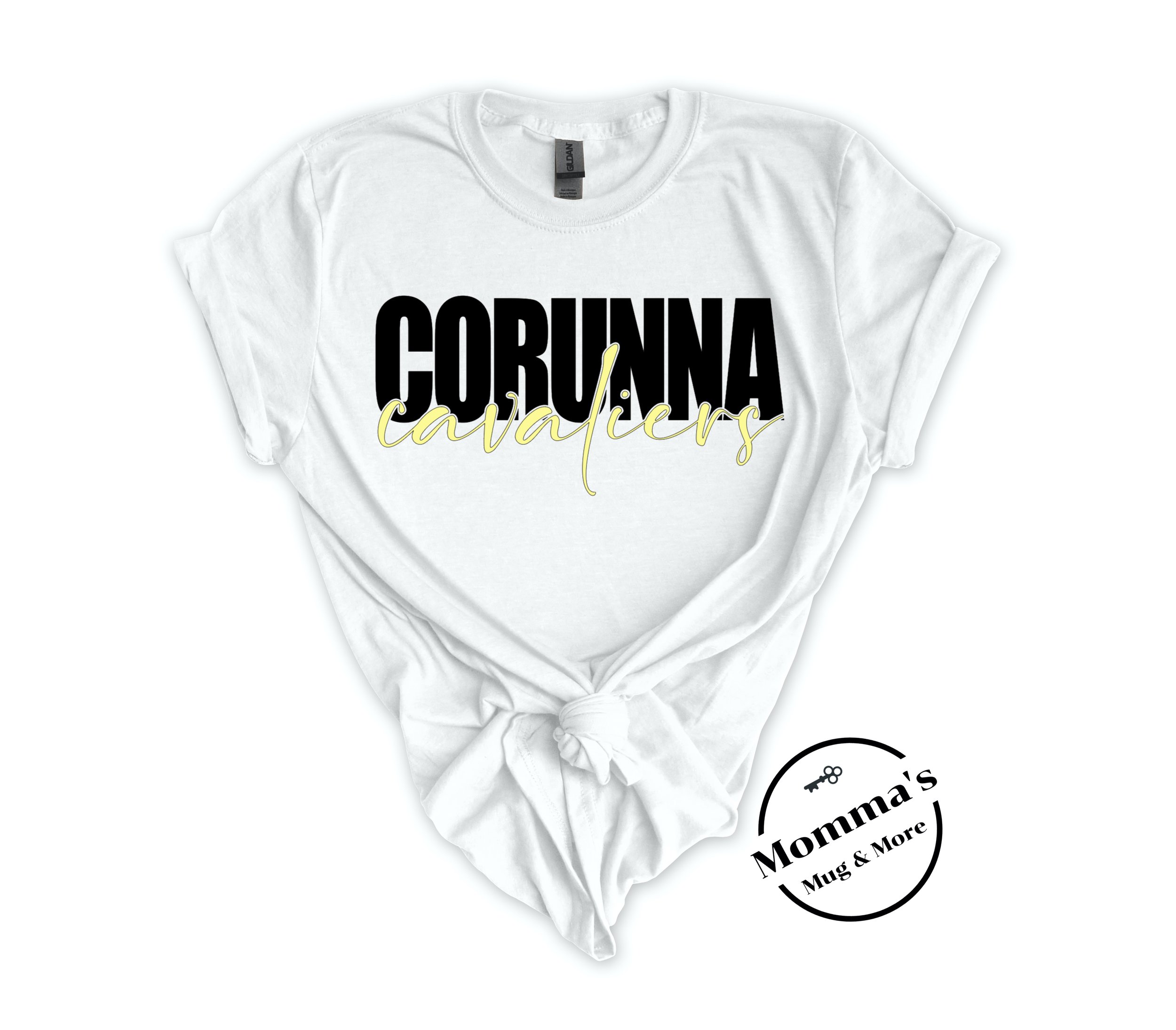 CORUNNA CAVALIERS MUTLI SCRIPT BLACK WHITE TEE.jpeg