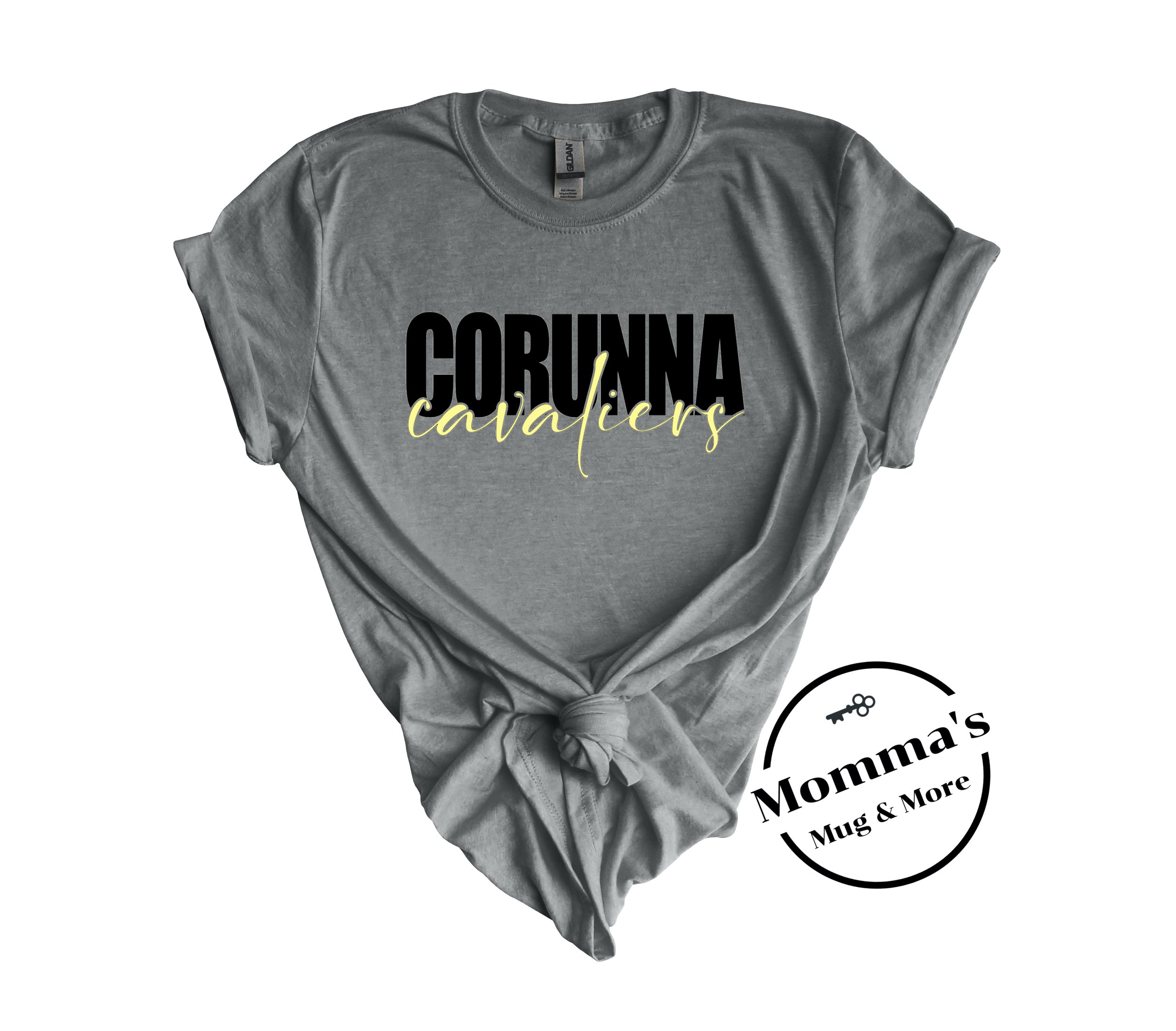 CORUNNA CAVALIERS MULTI SCRIPT BLACK GRAPHITE HEATHER TEE.jpeg